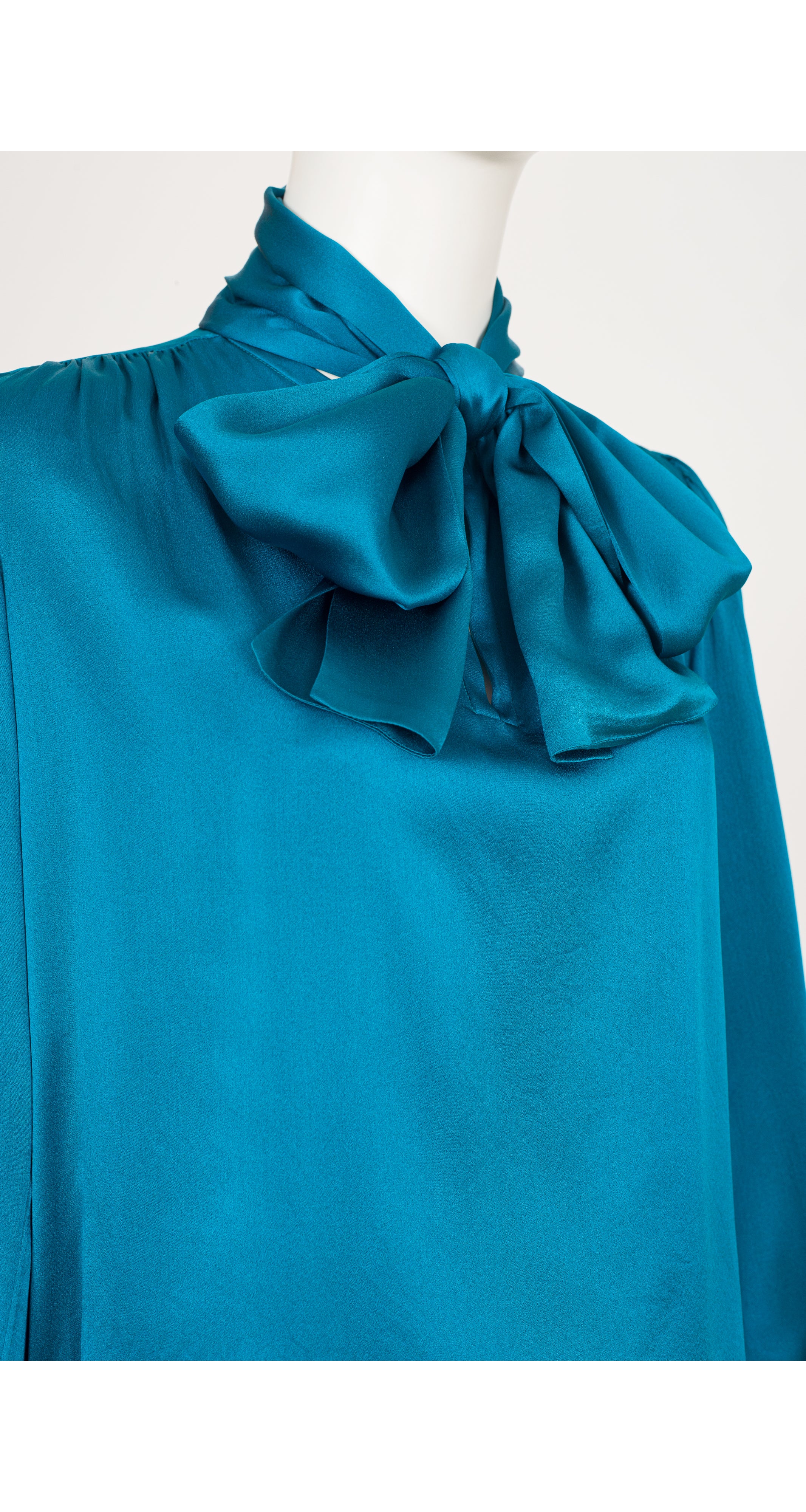 1980s Teal Silk Tie-Neck Long Sleeve Blouse