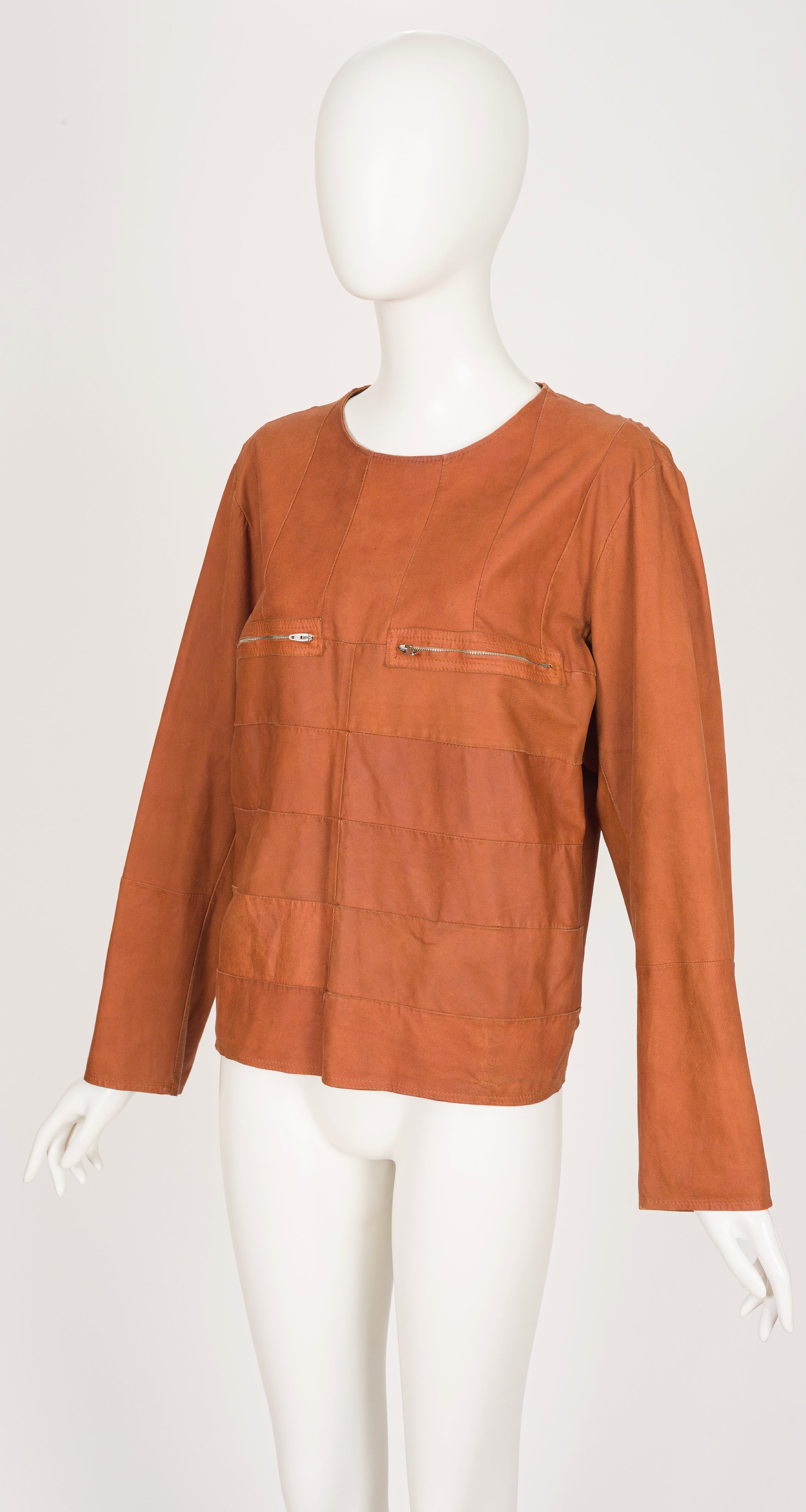 1979 S/S Tan Panel Leather Long Sleeve Top