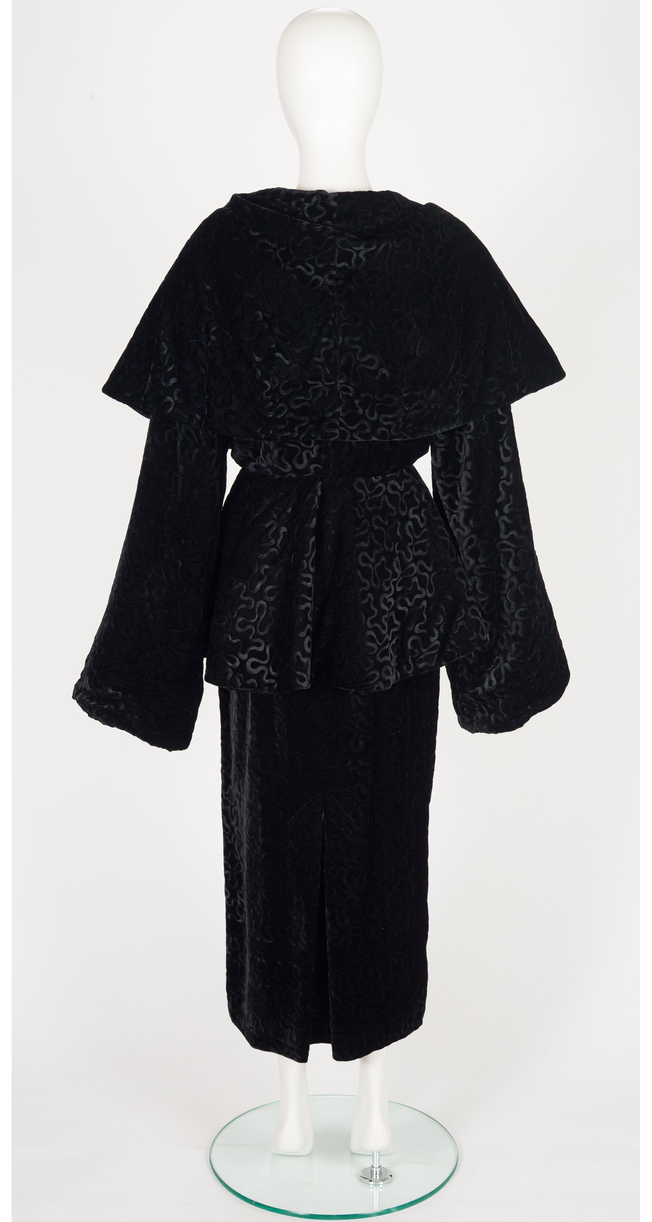 1980s Black Burnout Velvet Shawl Collar Skirt Suit