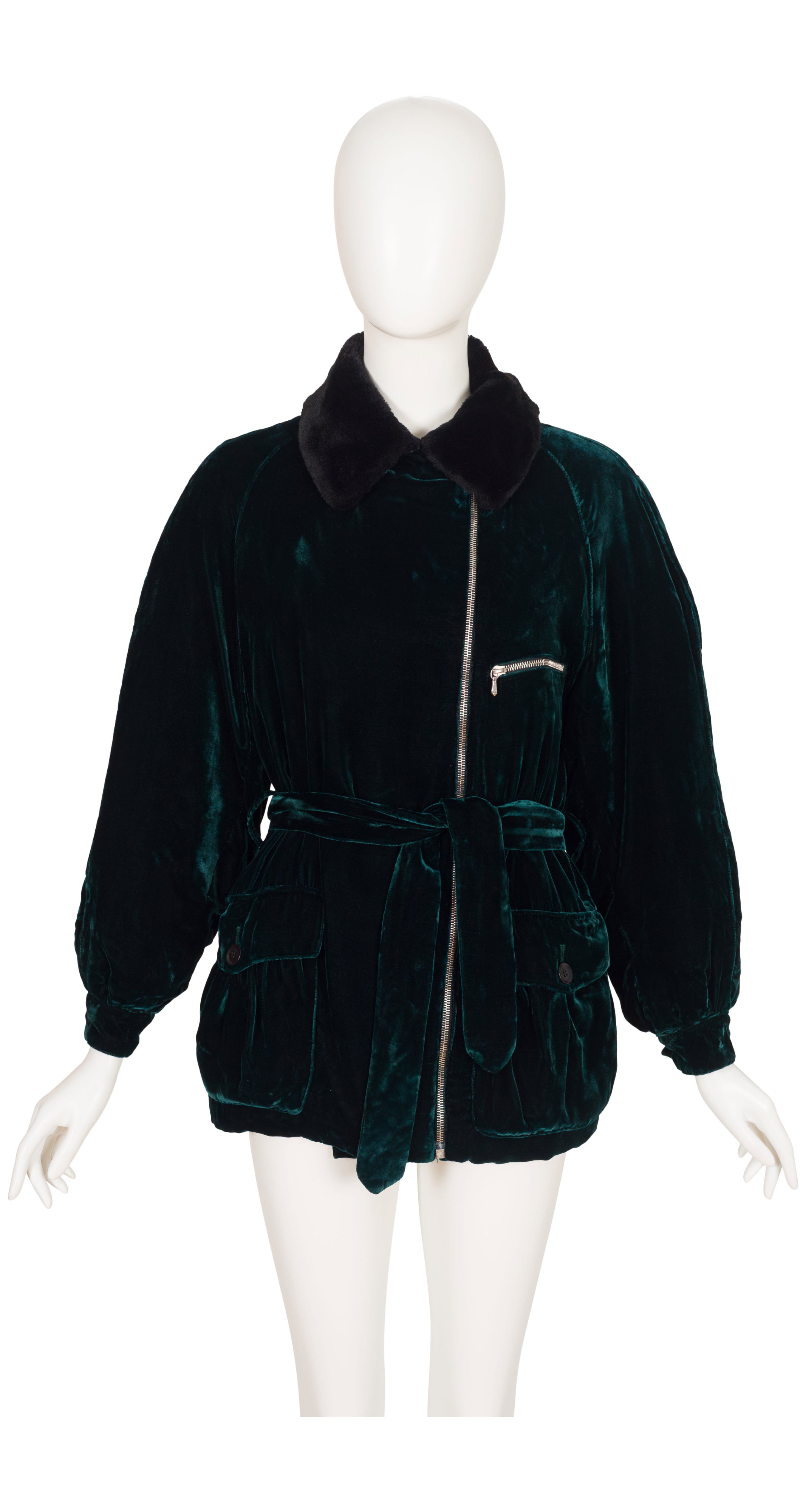 1990 F/W Dark Green Silk Velvet Belted Bomber Jacket
