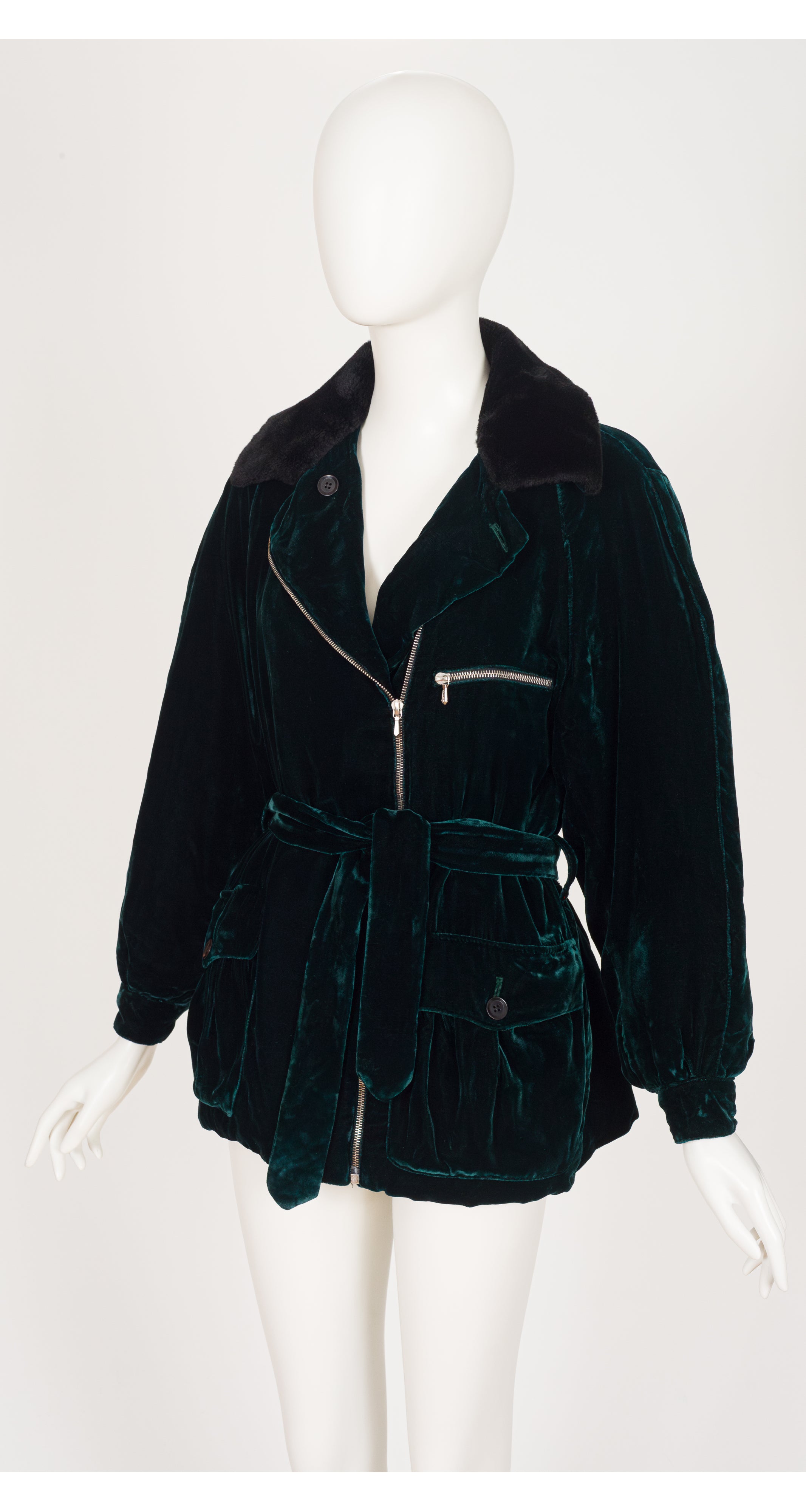 1990 F/W Dark Green Silk Velvet Belted Bomber Jacket