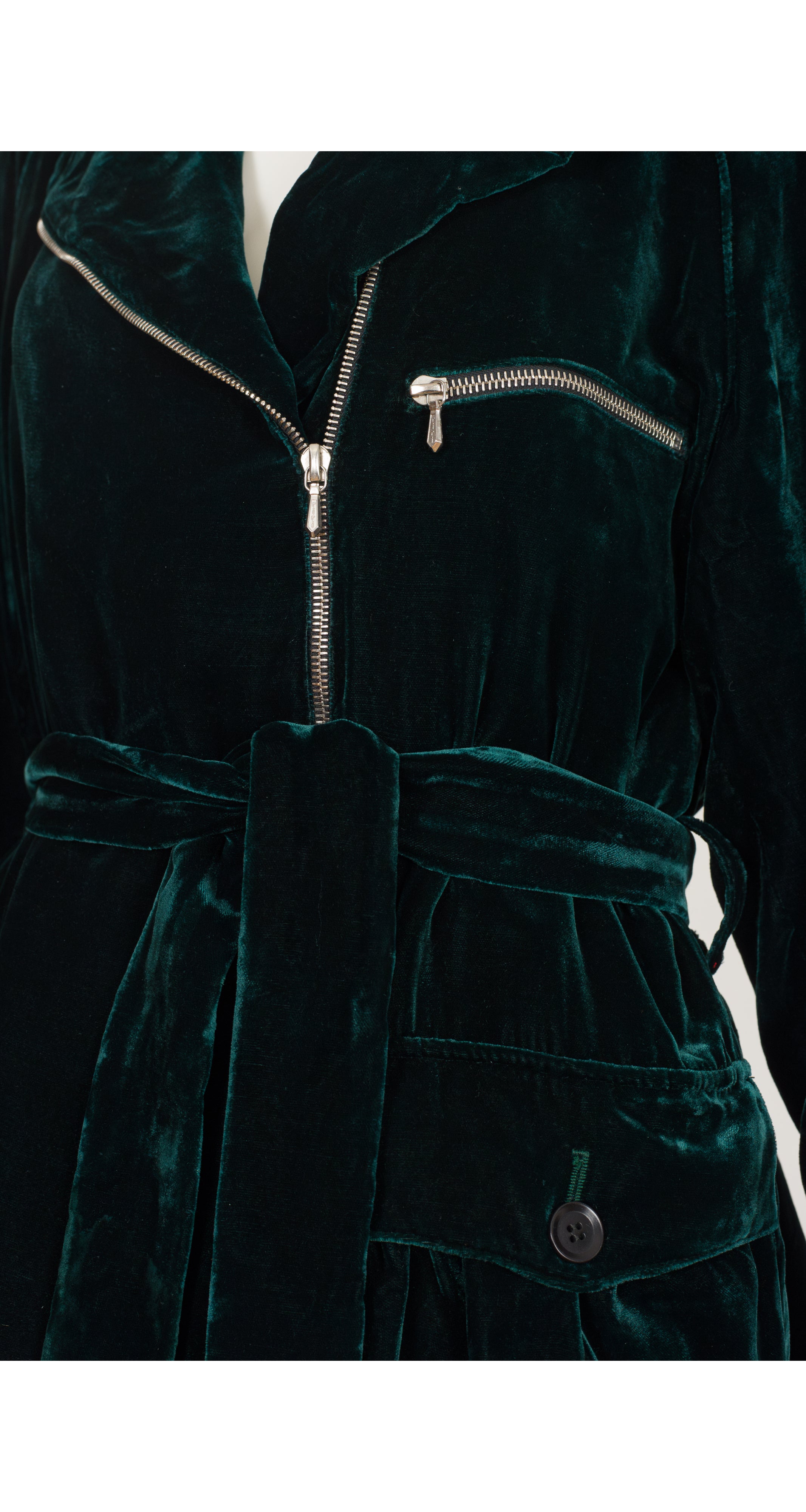 1990 F/W Dark Green Silk Velvet Belted Bomber Jacket