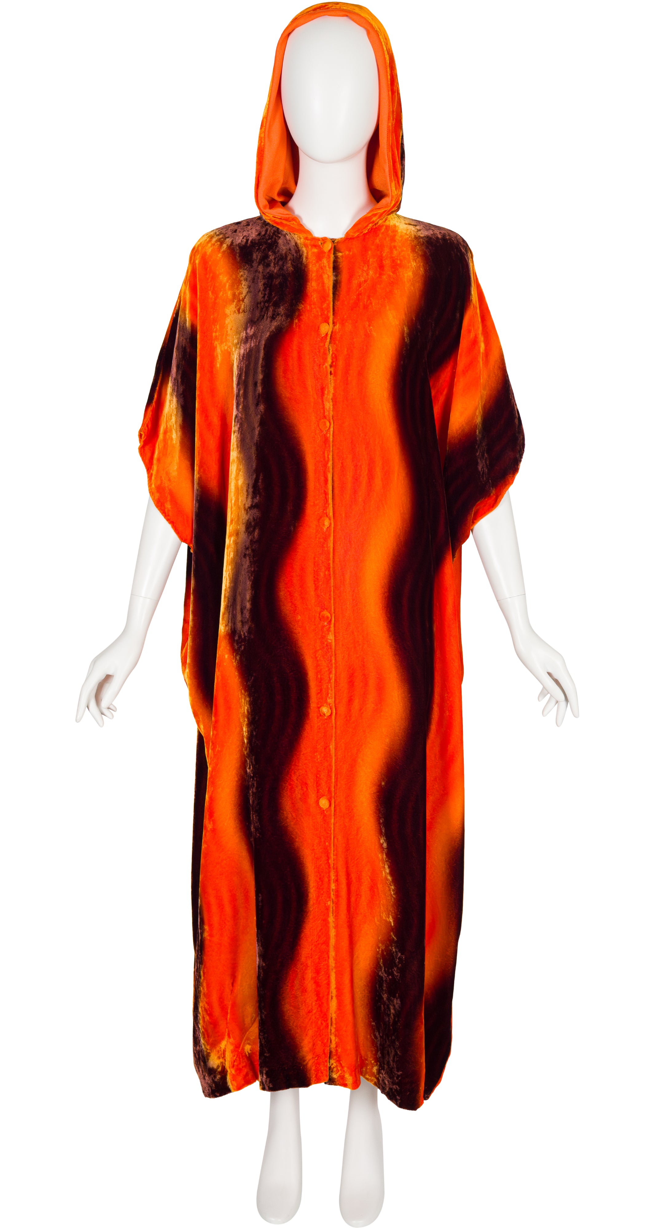 1970s Orange & Brown Swirl Velvet Hooded Caftan
