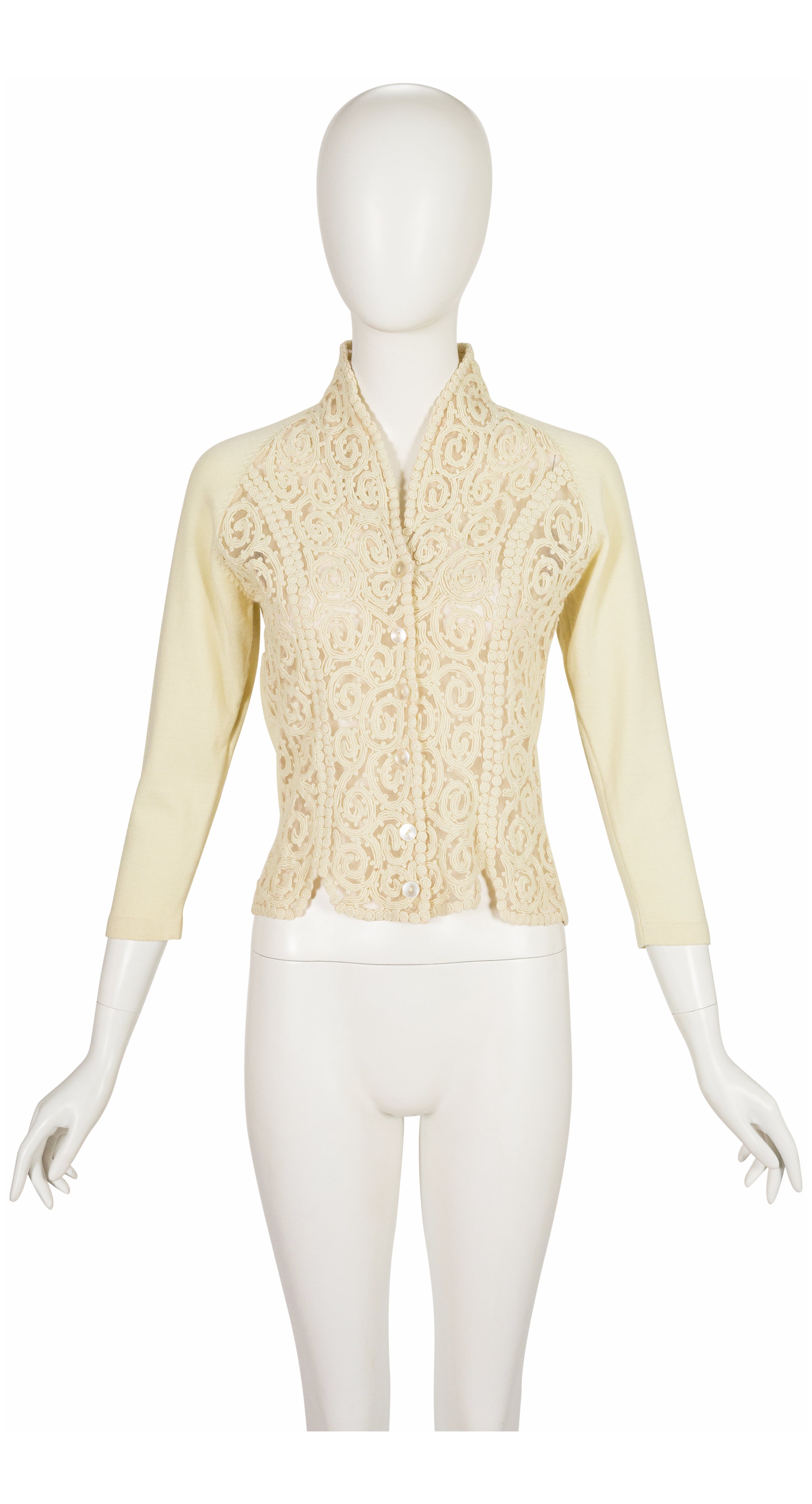 1950s Ivory Soutache Lace Wool Cardigan Sweater