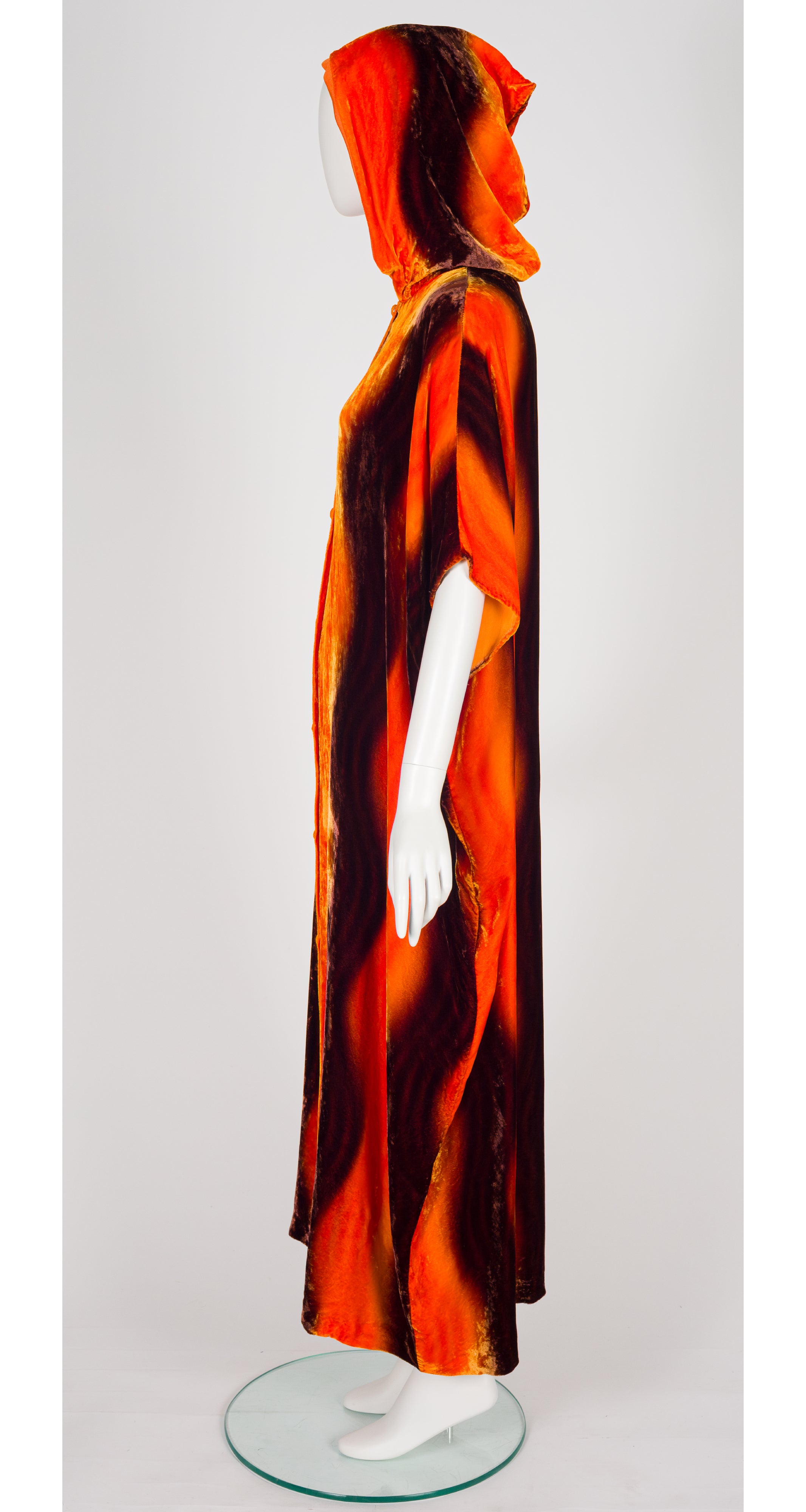 1970s Orange & Brown Swirl Velvet Hooded Caftan
