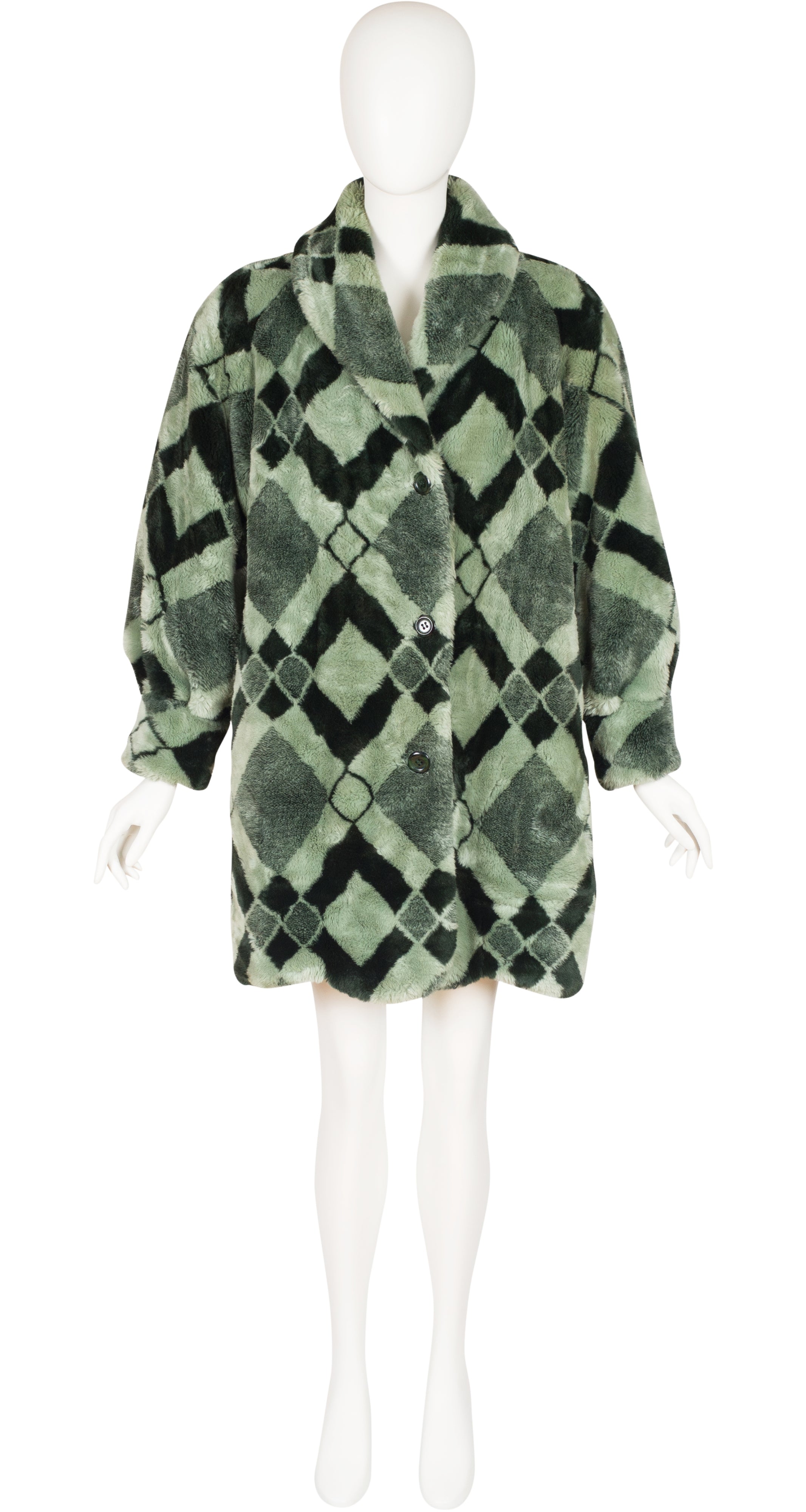 1980s Harlequin Print Sage Green Faux Fur Coat