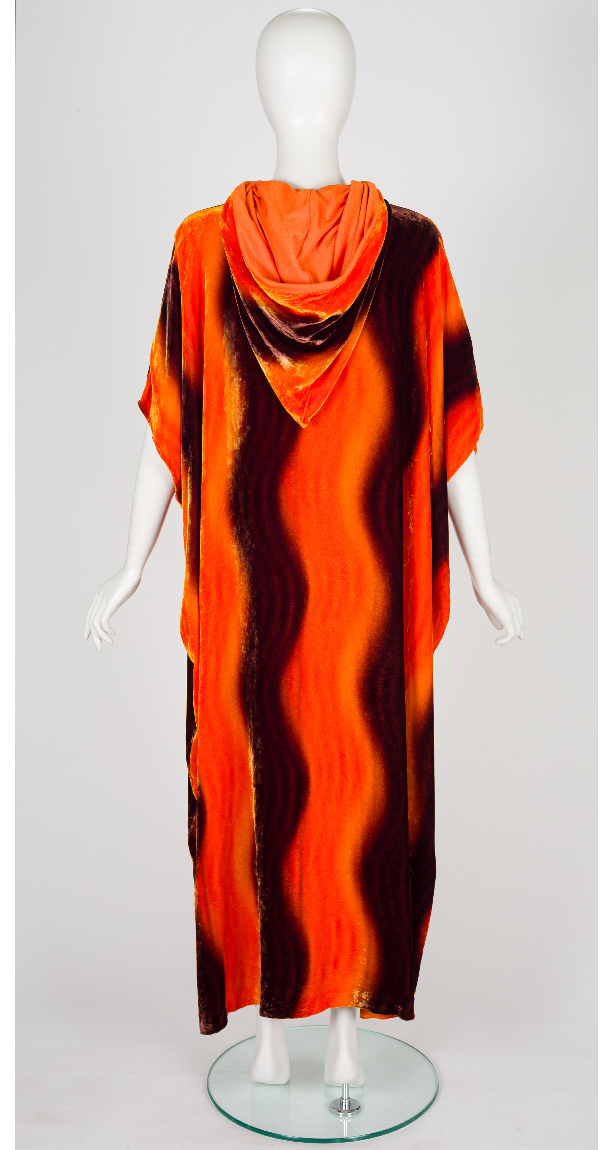 1970s Orange & Brown Swirl Velvet Hooded Caftan