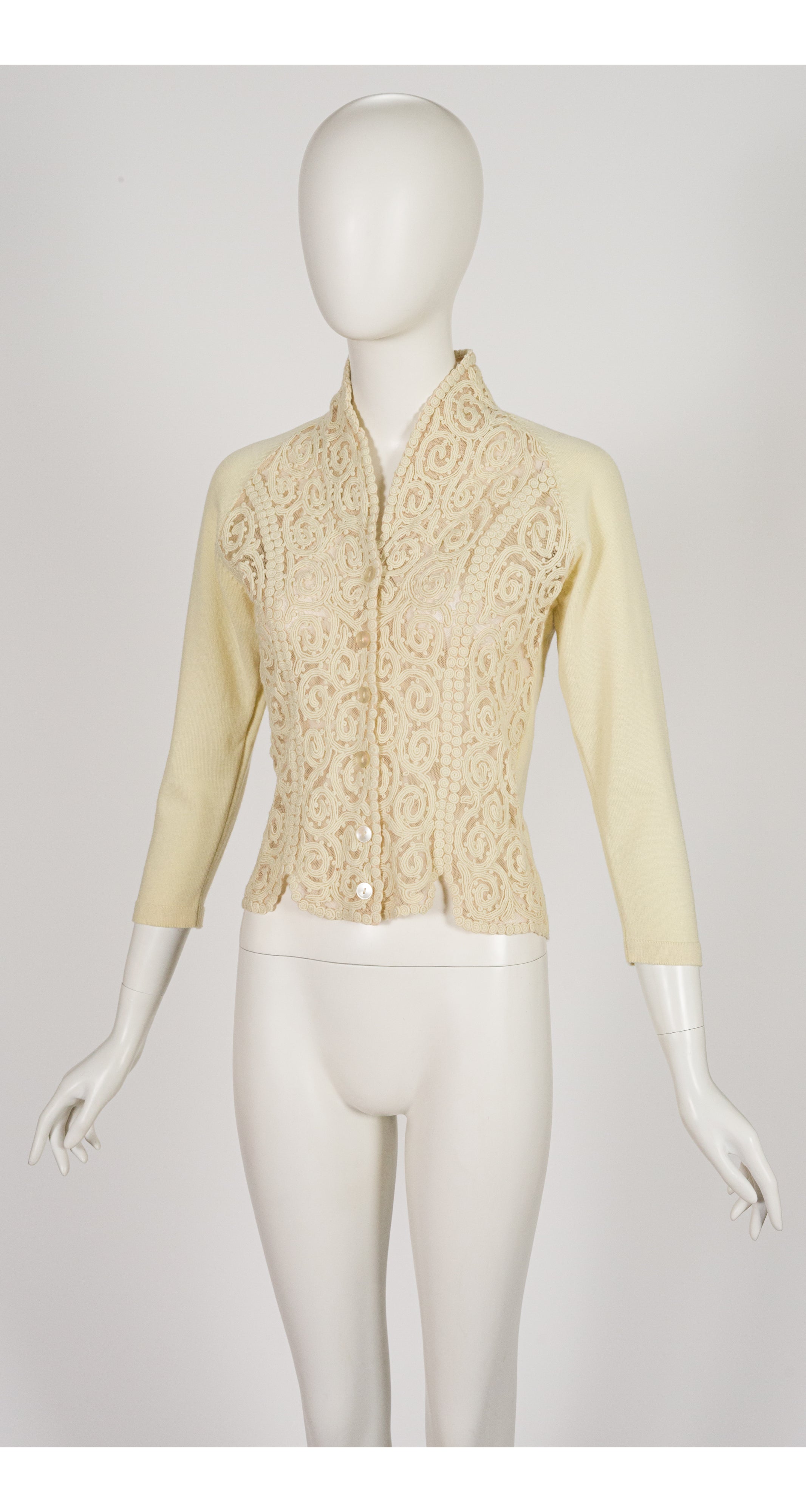 1950s Ivory Soutache Lace Wool Cardigan Sweater