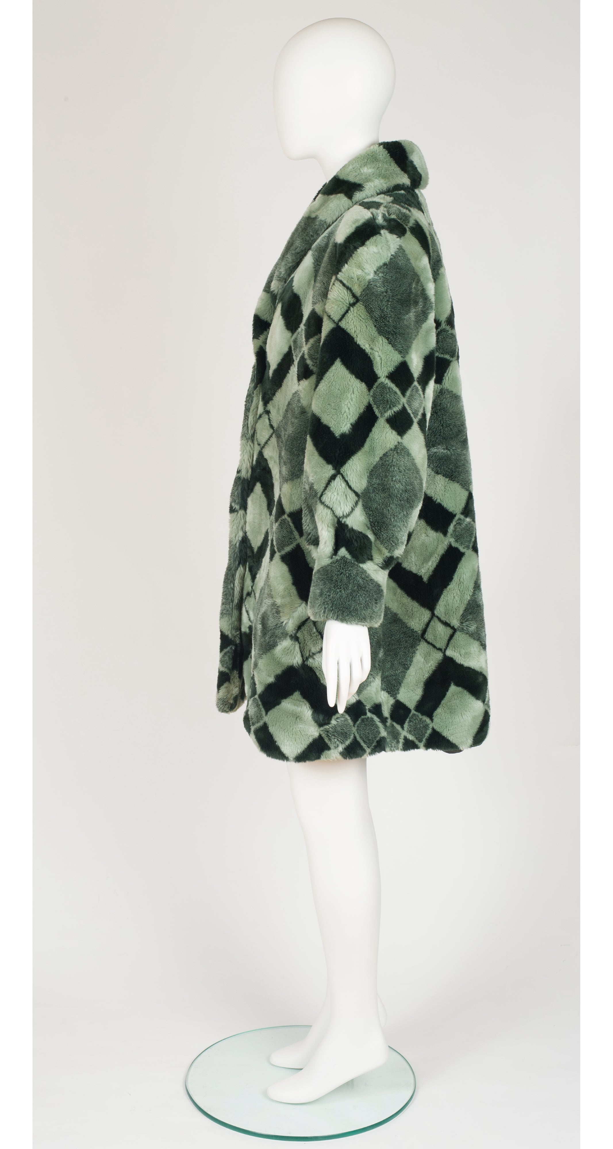 1980s Harlequin Print Sage Green Faux Fur Coat