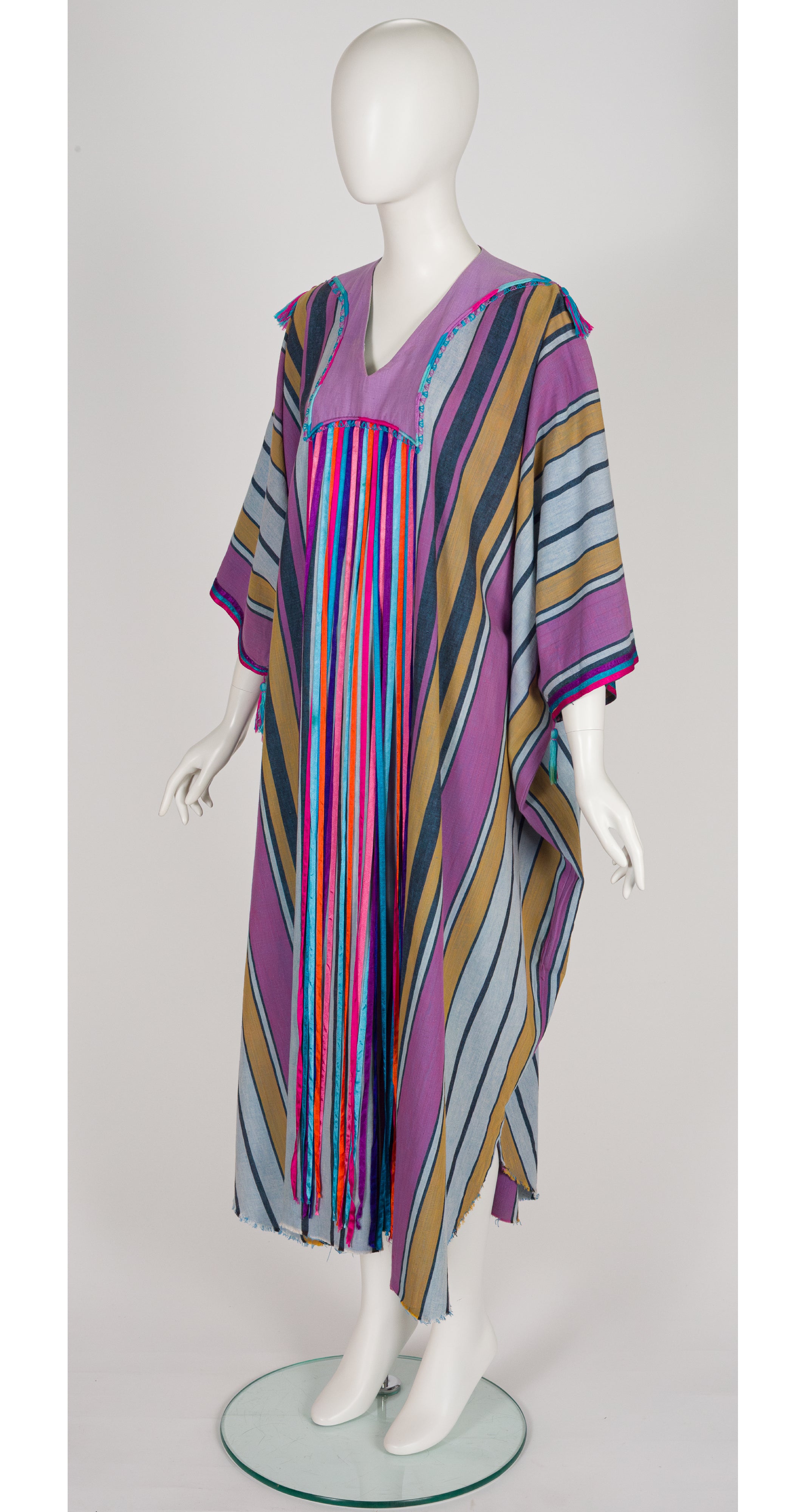 1970s Striped Cotton Ribbon Tassel Caftan Dress