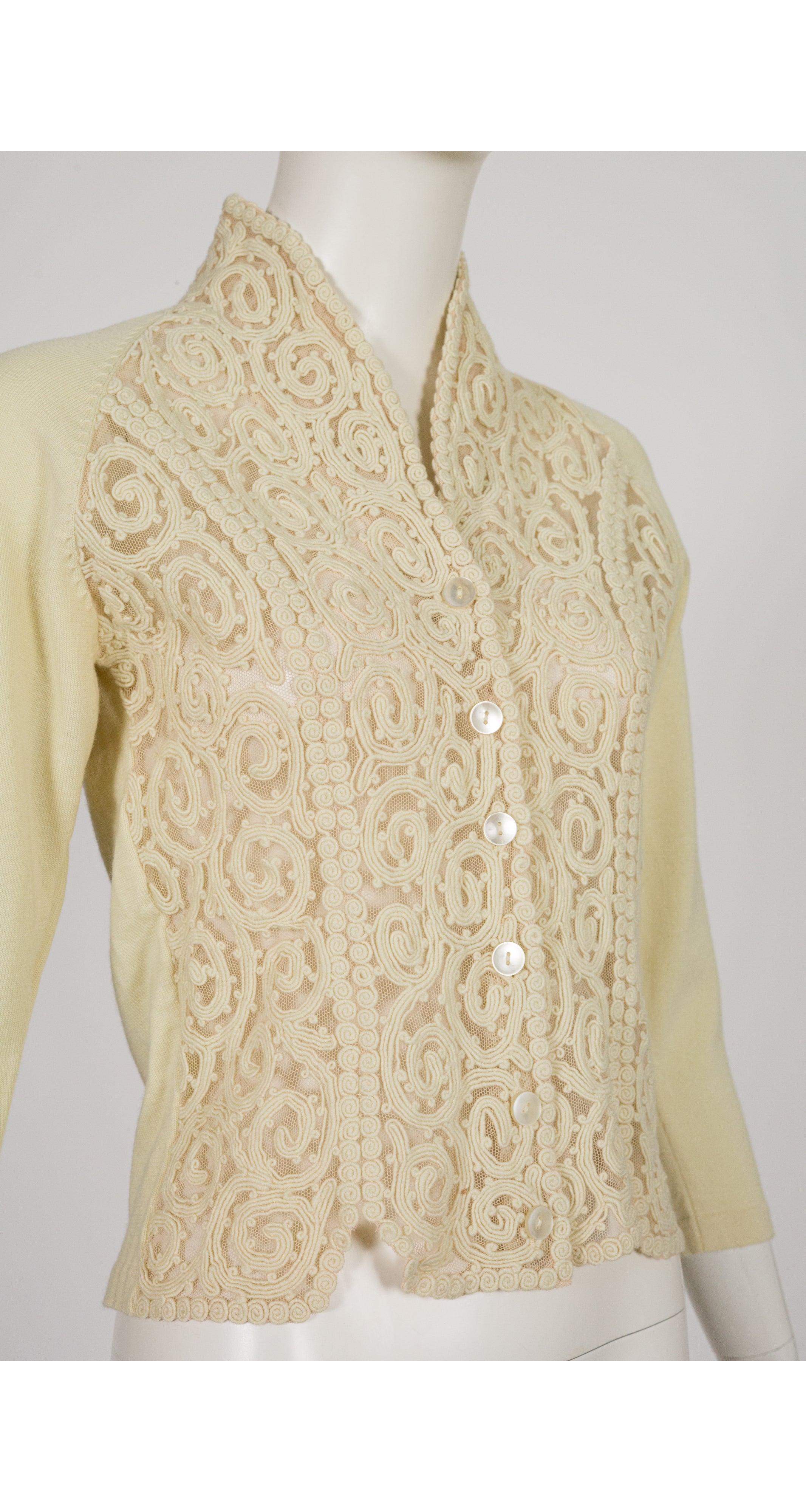 1950s Ivory Soutache Lace Wool Cardigan Sweater