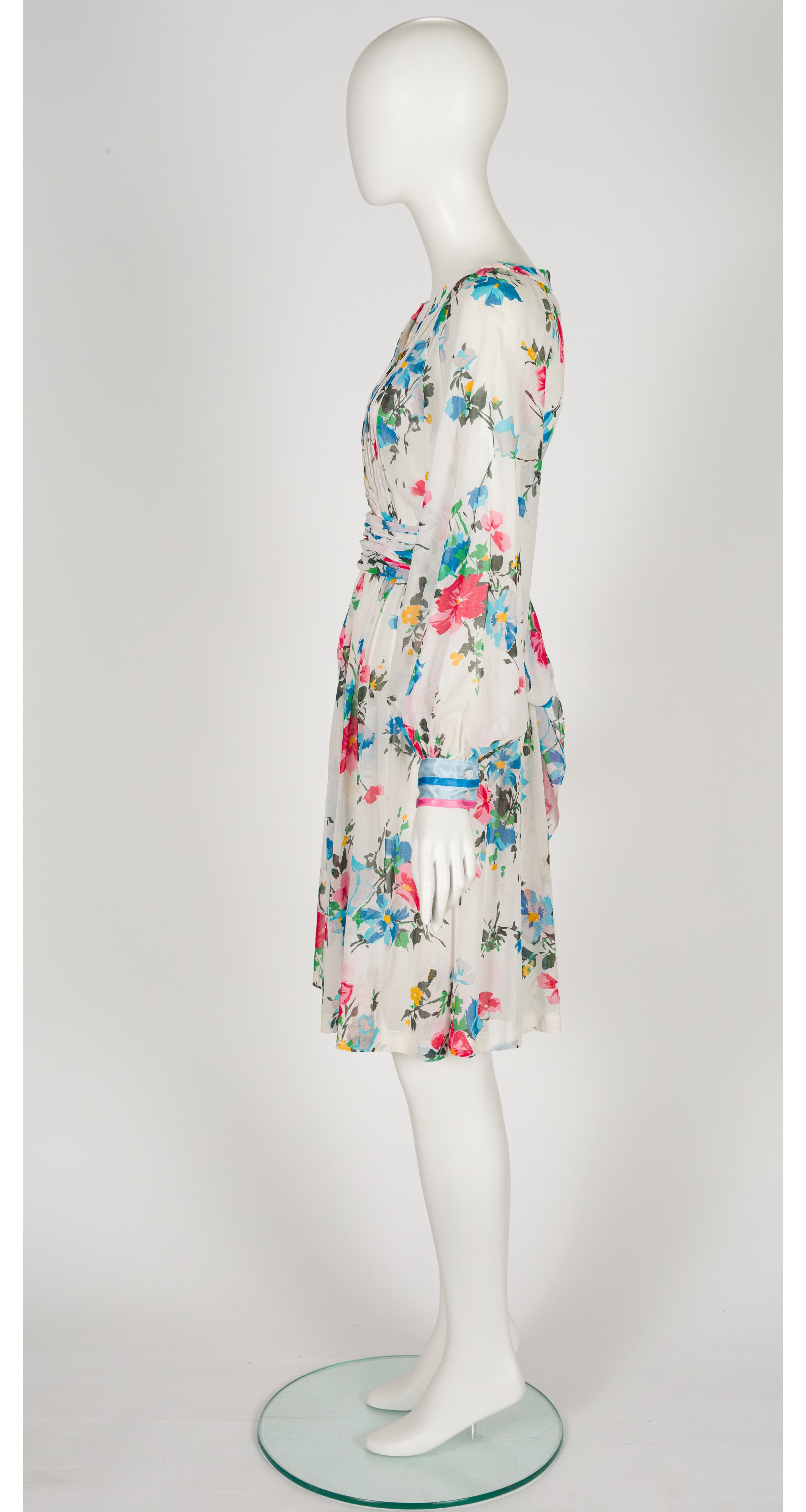 1970s Floral White Cotton Voile Balloon Sleeve Dress