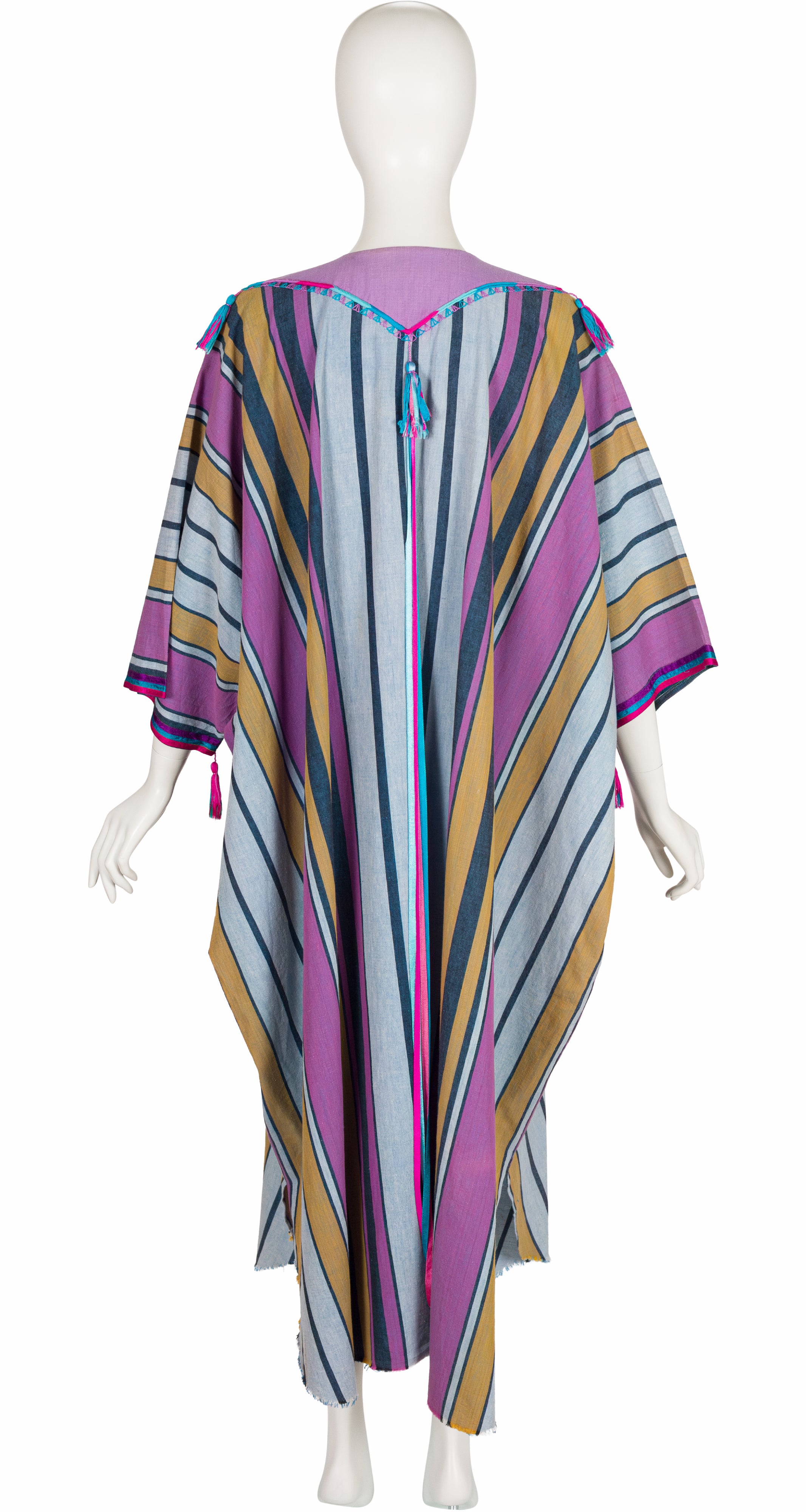 1970s Striped Cotton Ribbon Tassel Caftan Dress