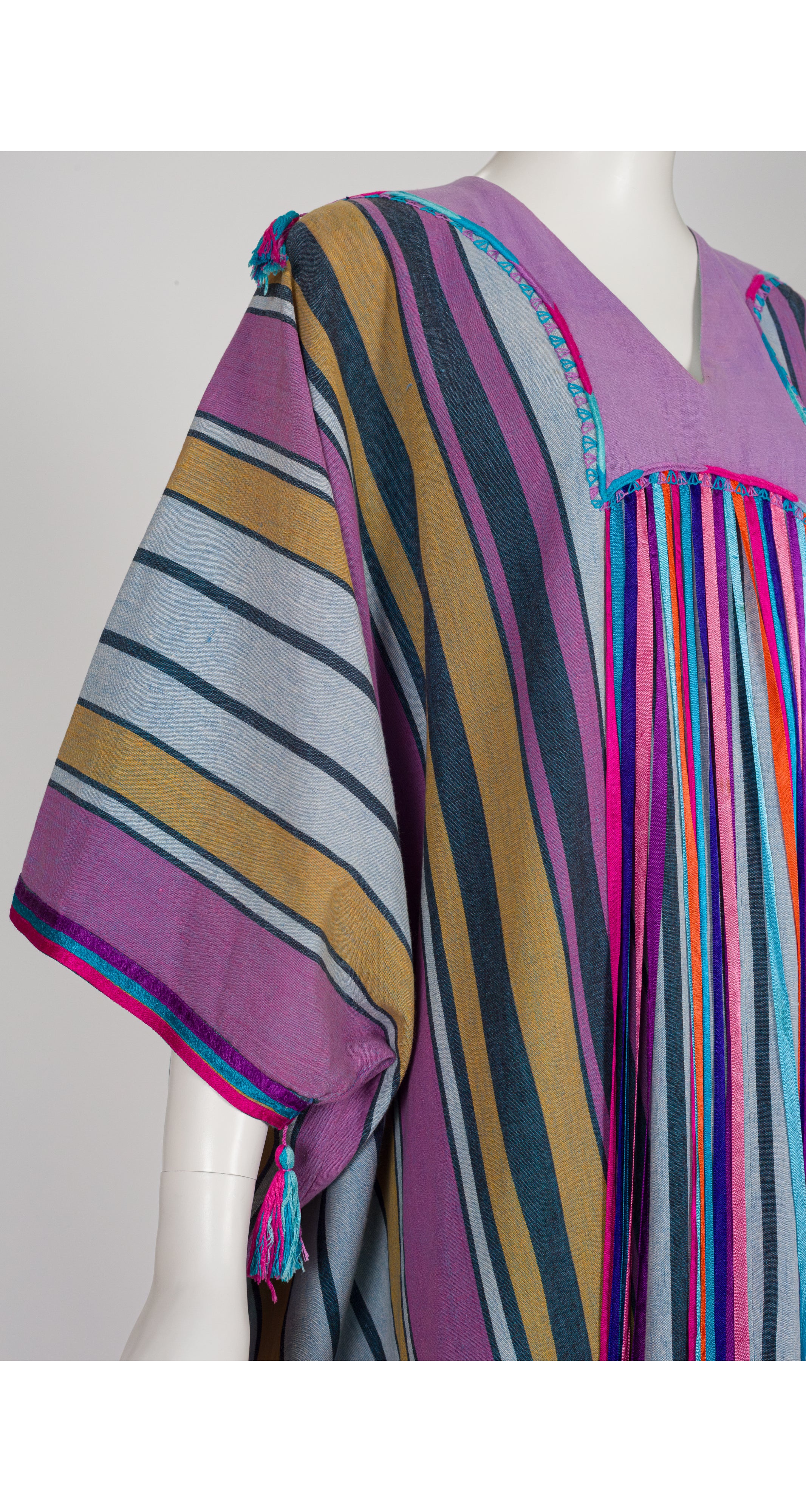 1970s Striped Cotton Ribbon Tassel Caftan Dress