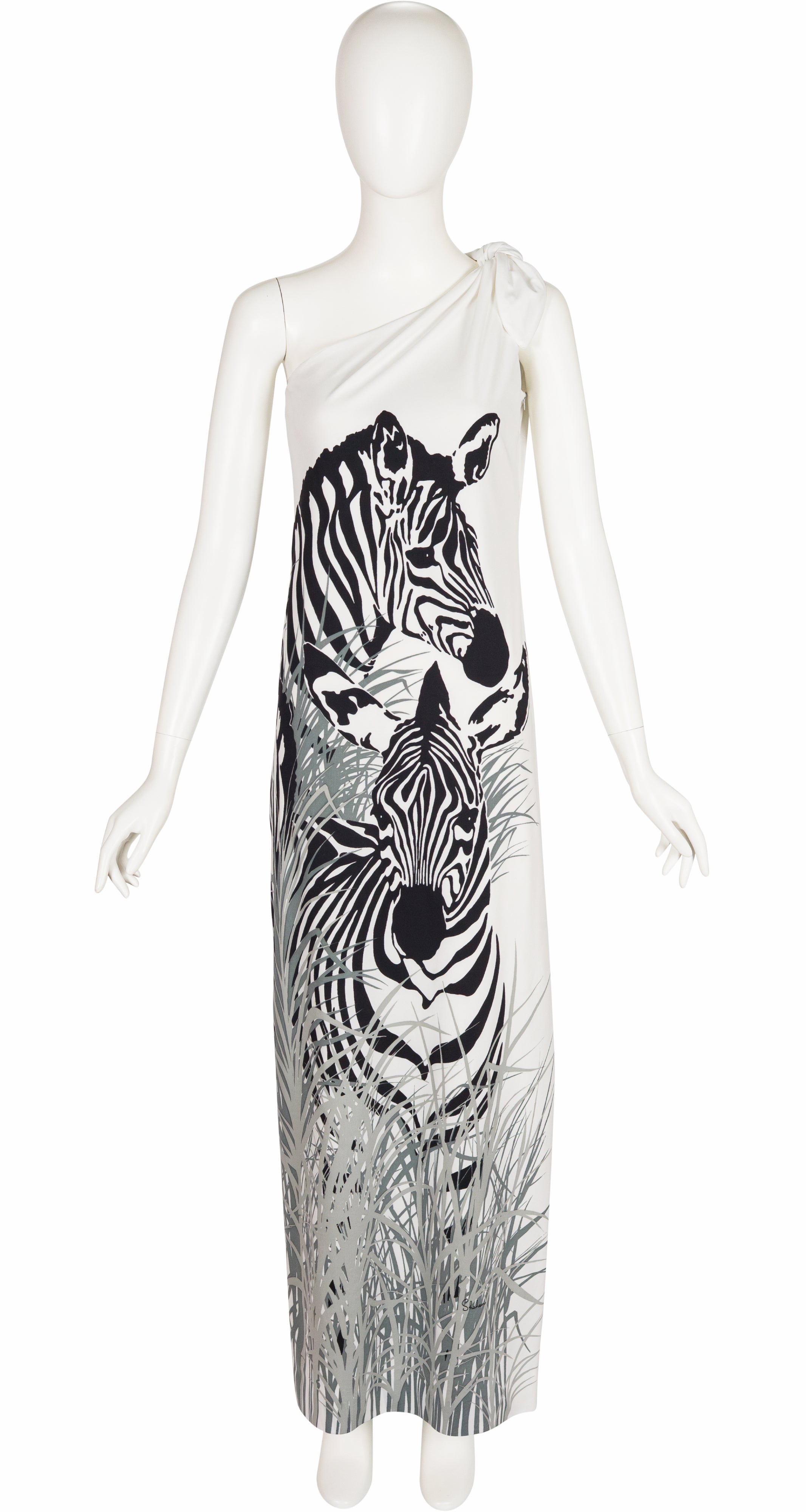 1970s Zebra Print White Jersey Toga Maxi Dress