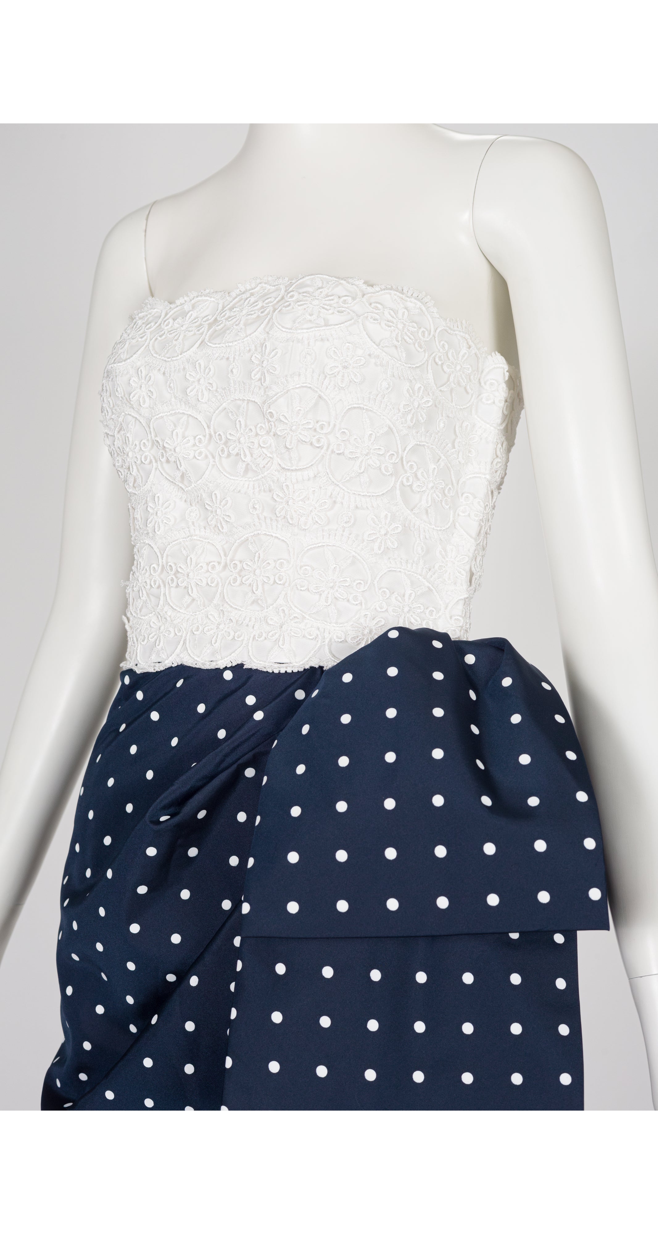 1980s Navy & White Polka Dot Draped Bustier Gown