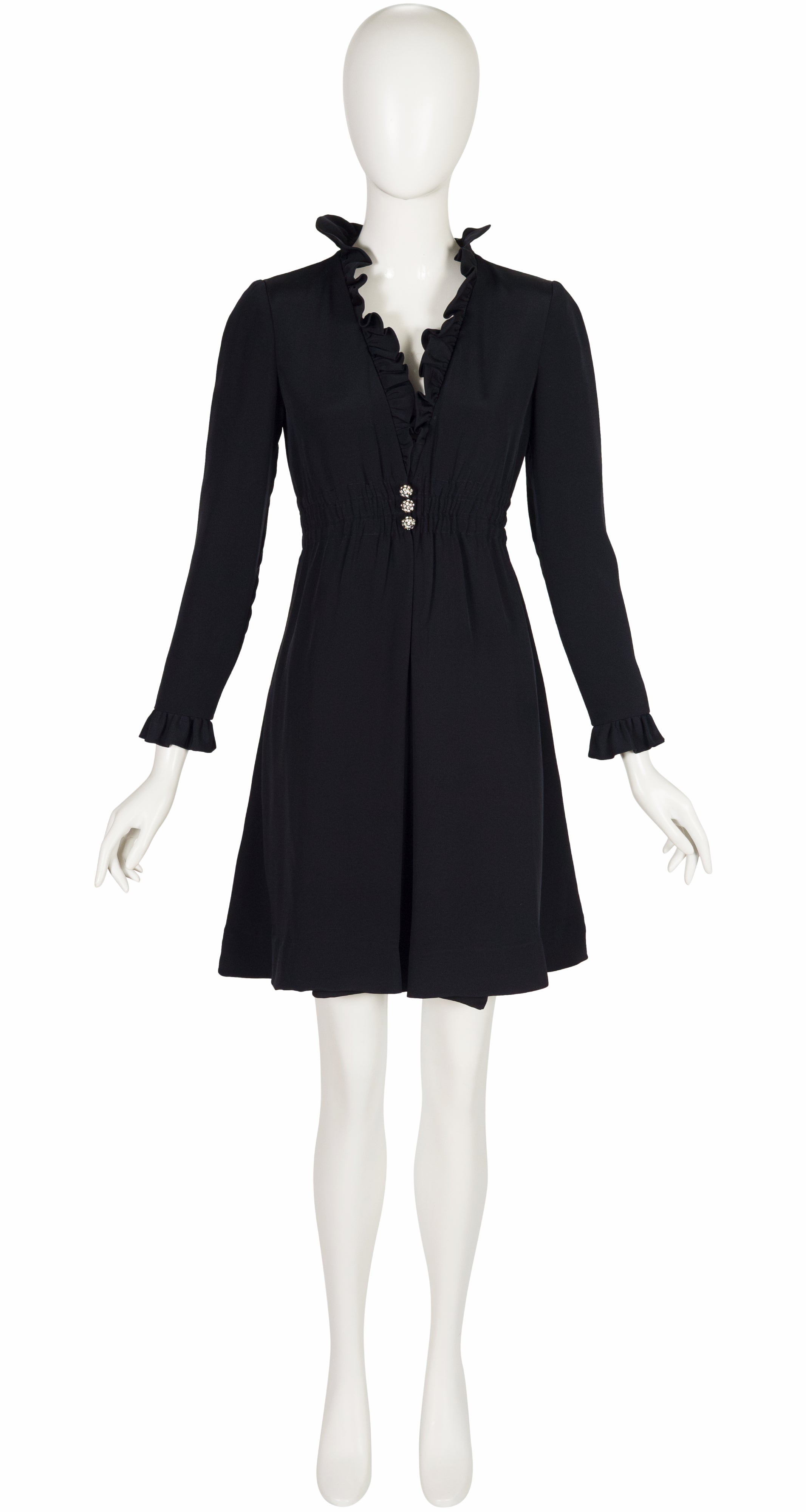 1960s Black Silk Crepe Ruffle Trim Dress