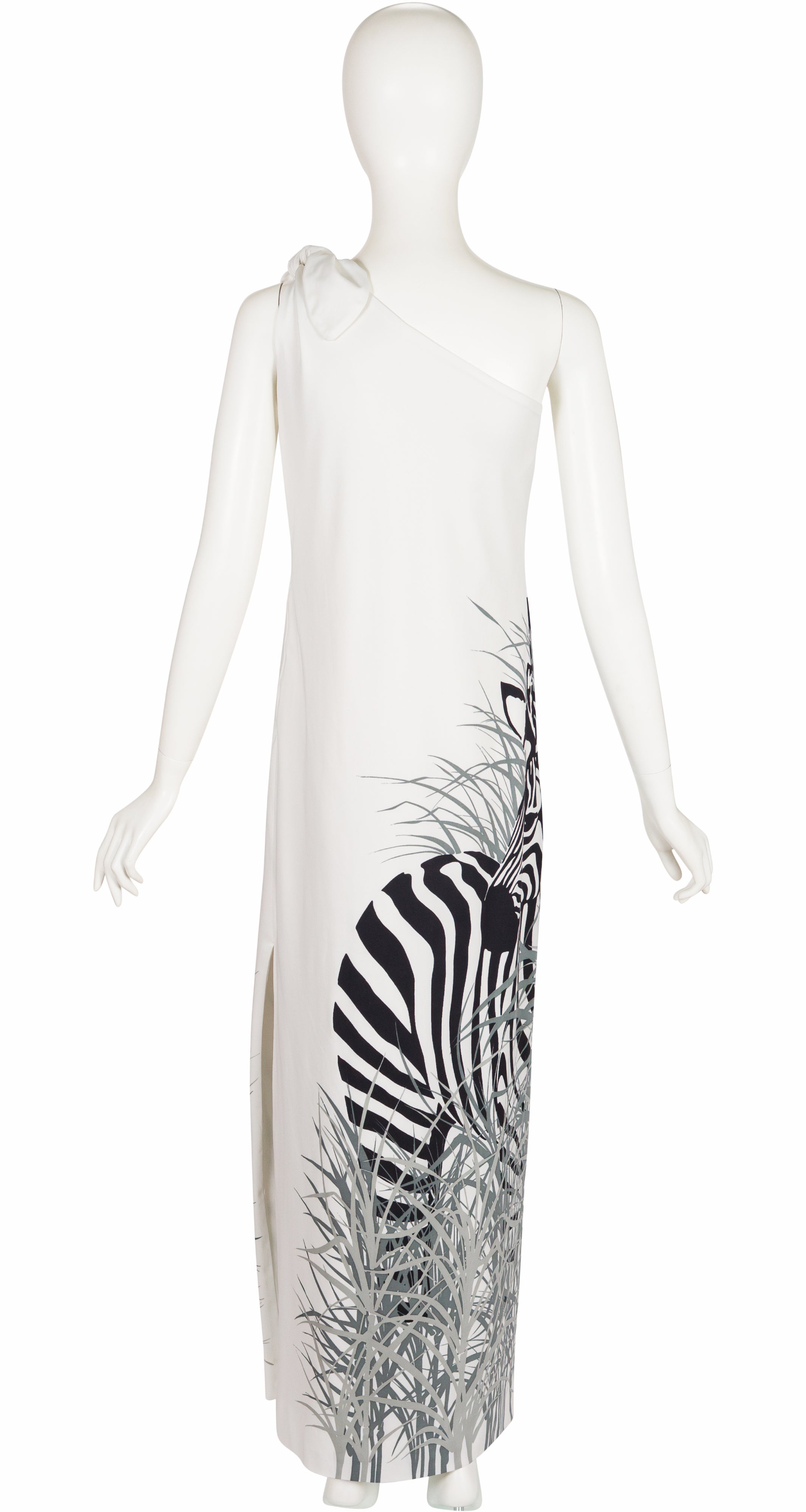 1970s Zebra Print White Jersey Toga Maxi Dress