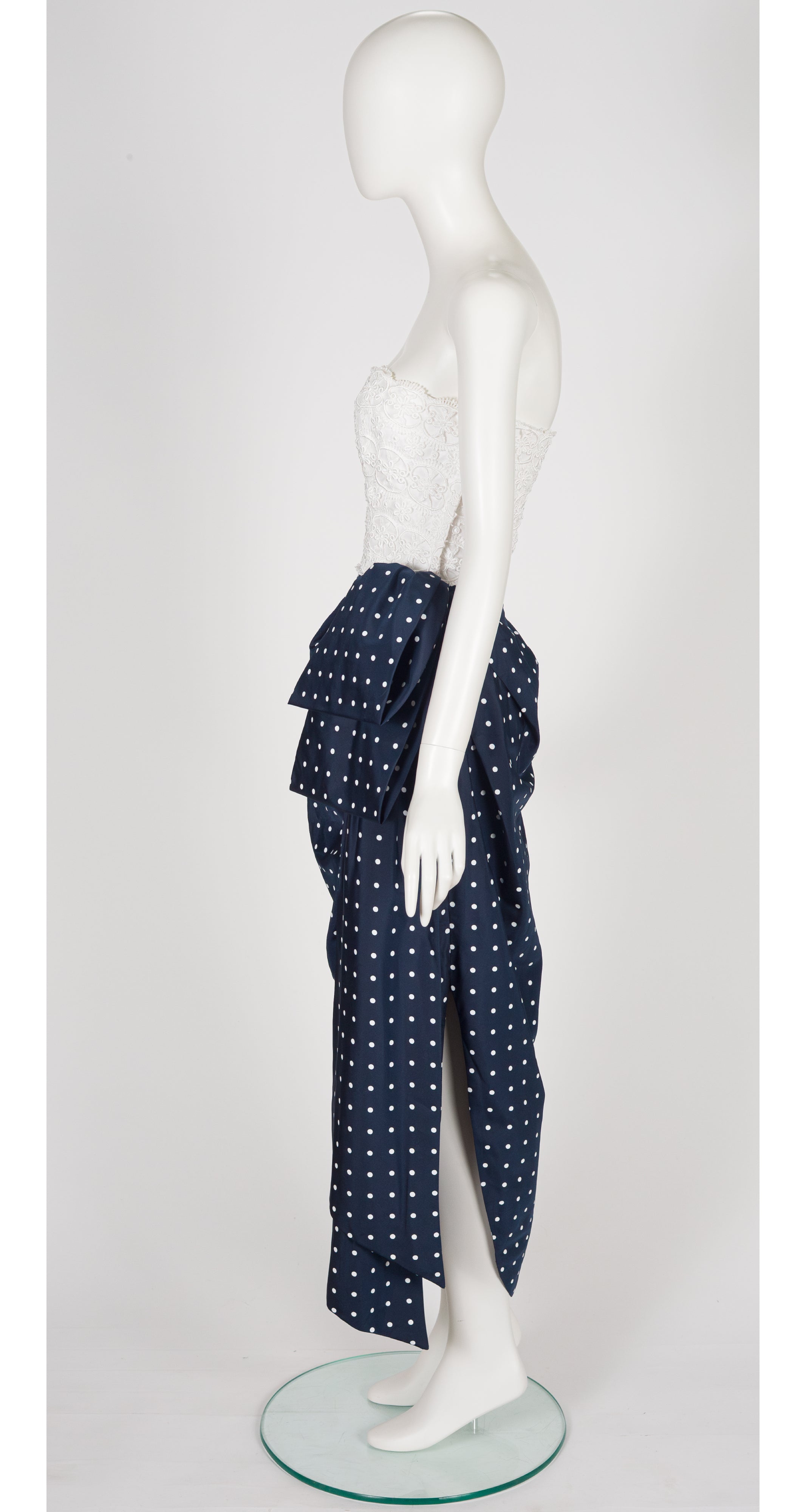 1980s Navy & White Polka Dot Draped Bustier Gown