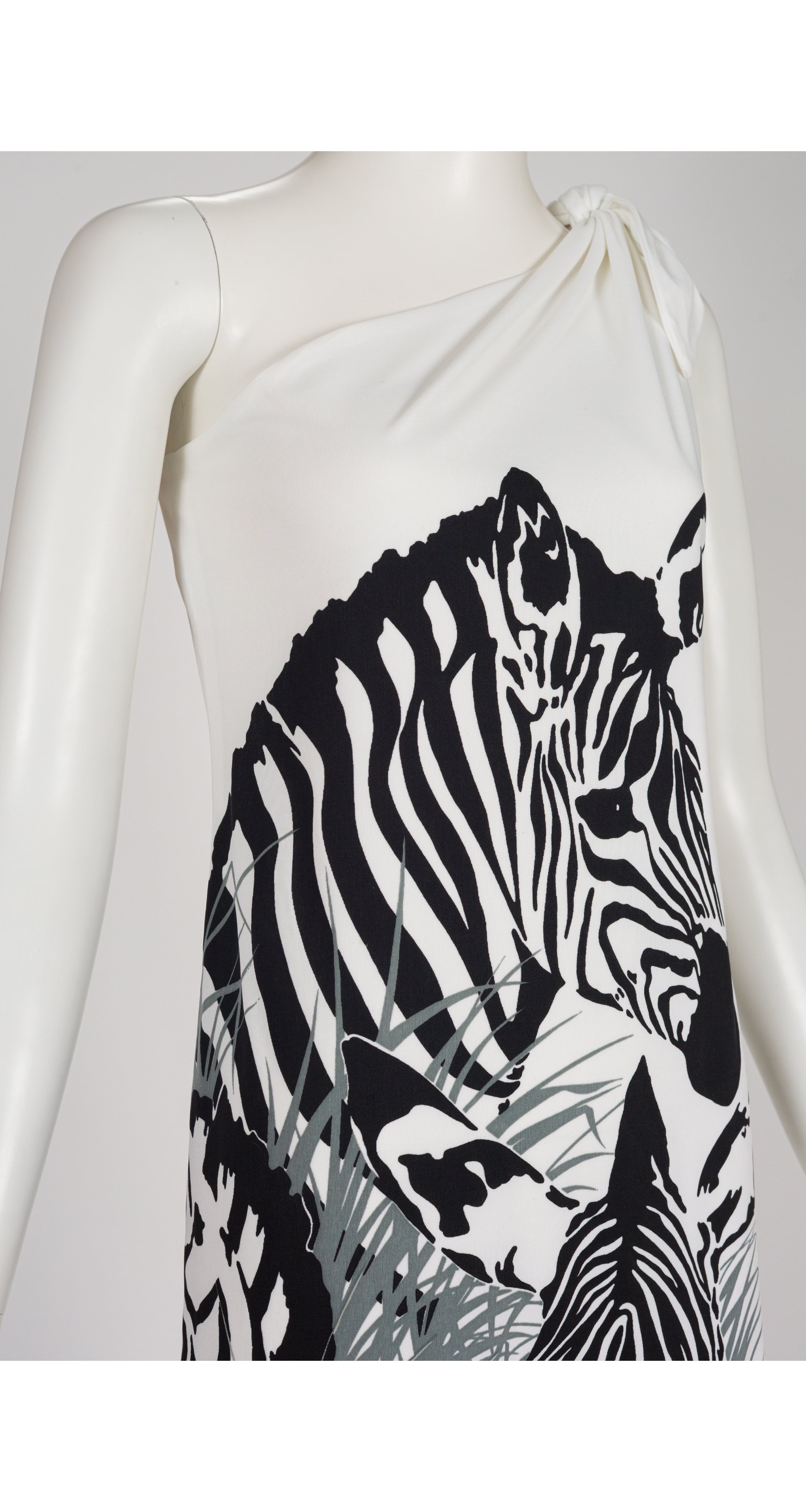 1970s Zebra Print White Jersey Toga Maxi Dress