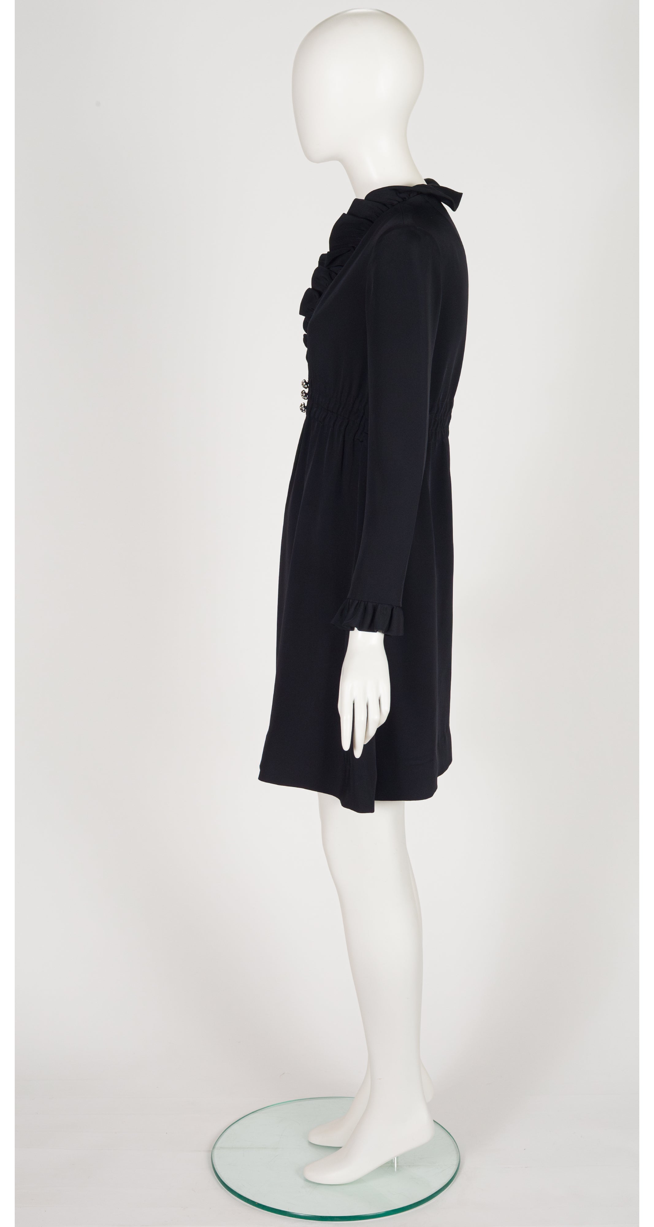 1960s Black Silk Crepe Ruffle Trim Dress