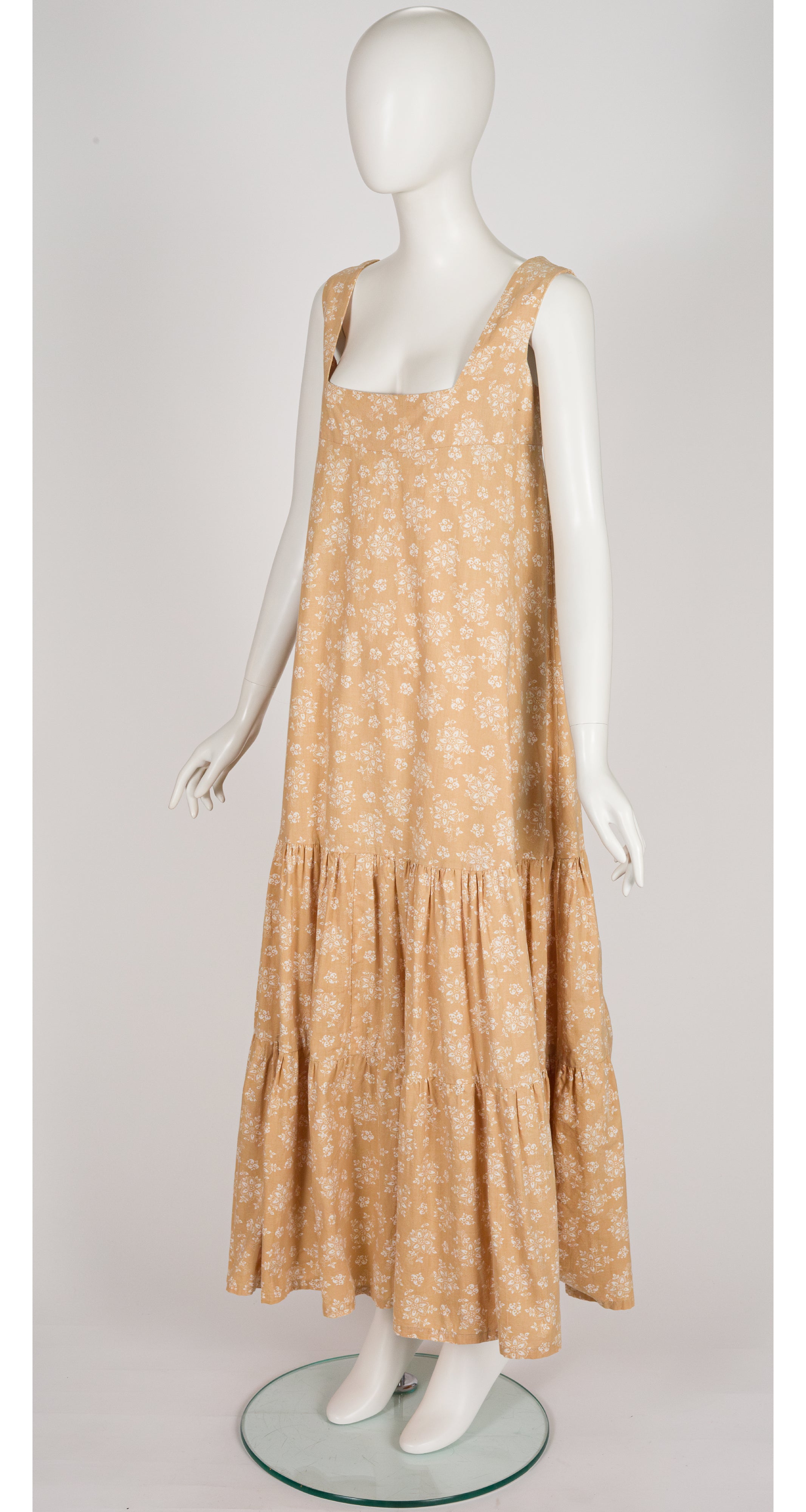 1975 Floral Print Beige Cotton Tiered Maxi Dress
