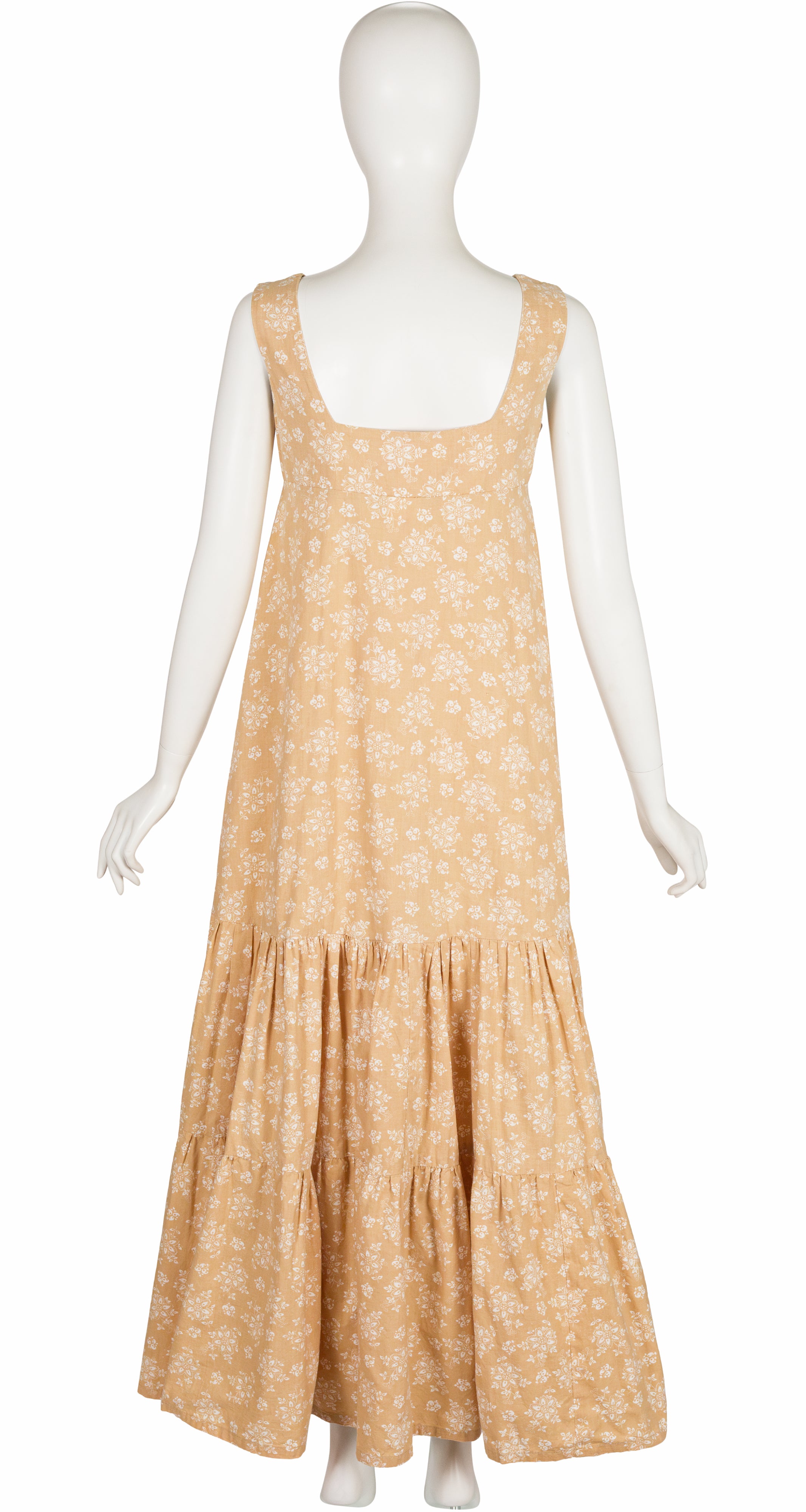 1975 Floral Print Beige Cotton Tiered Maxi Dress