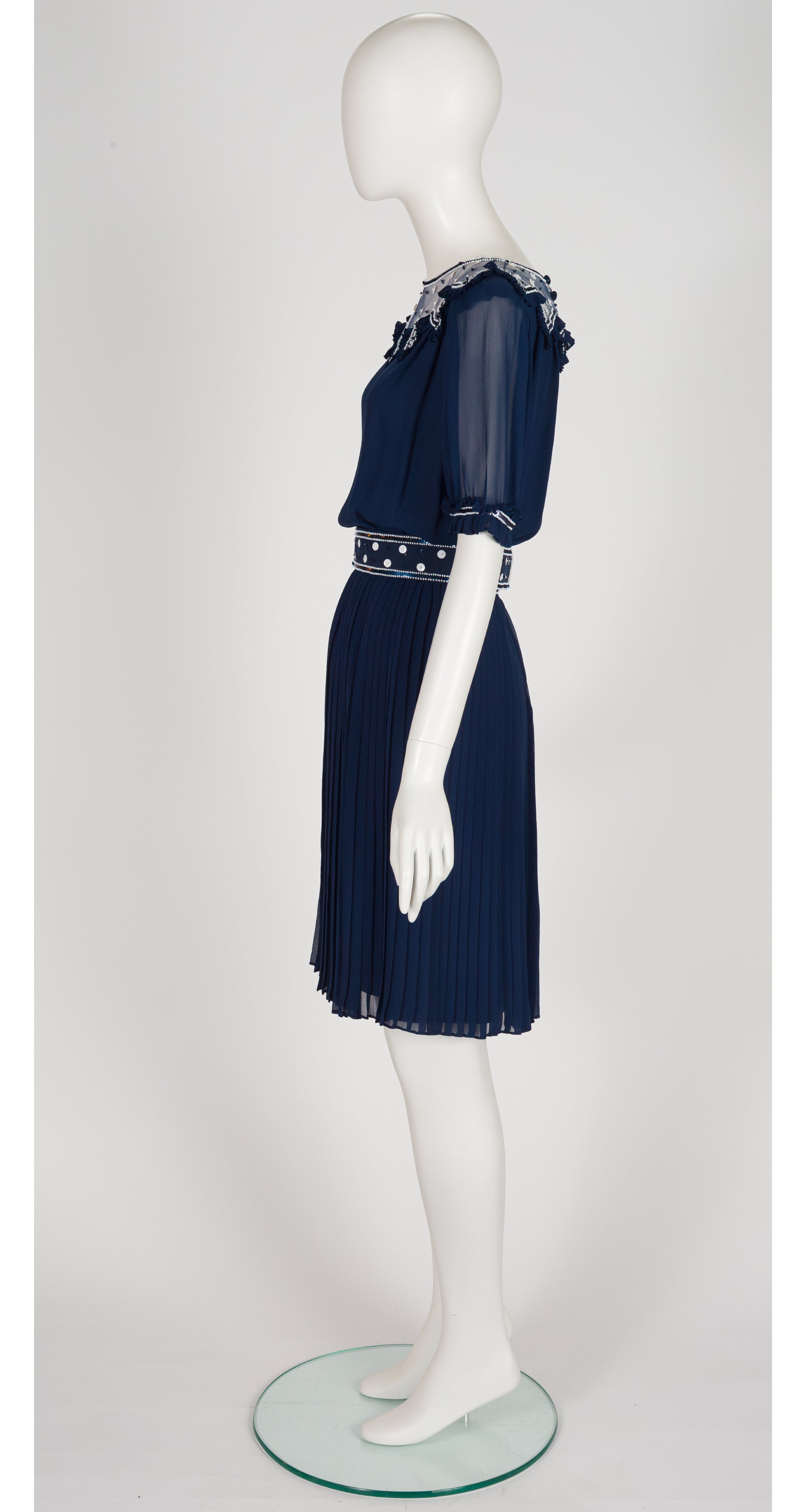 1970s Embellished Navy Silk Chiffon Pleated Dress