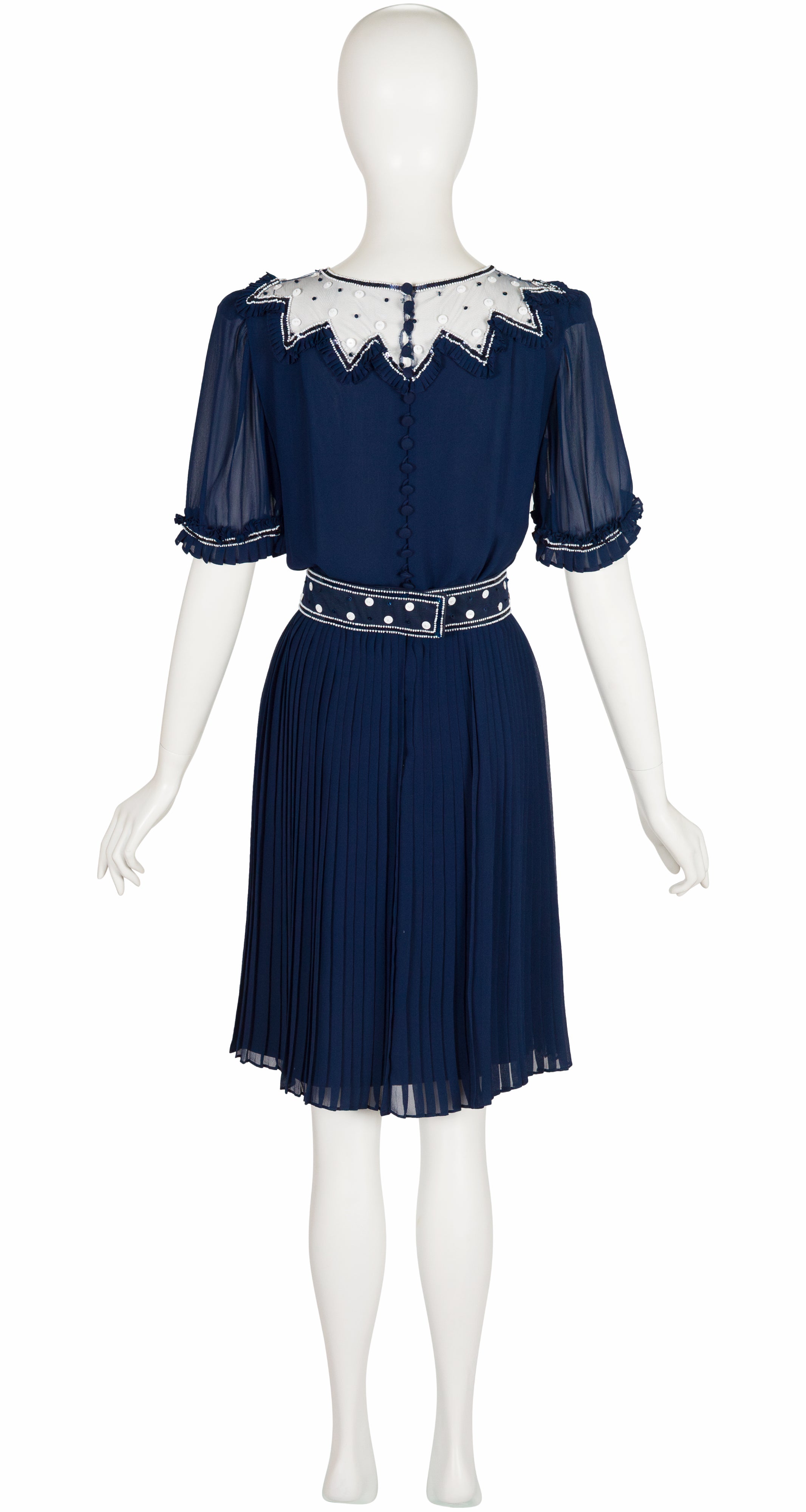 1970s Embellished Navy Silk Chiffon Pleated Dress