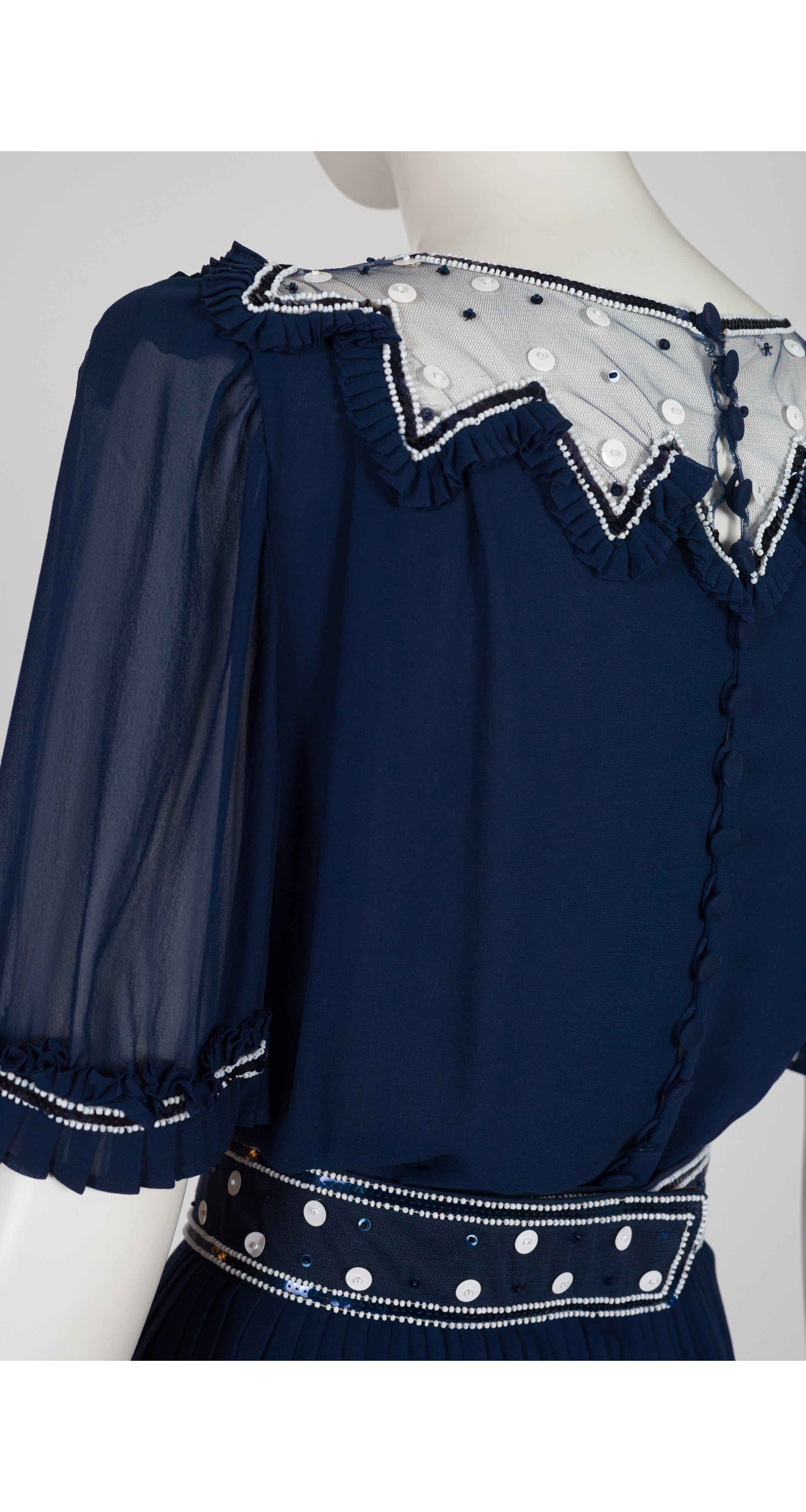 1970s Embellished Navy Silk Chiffon Pleated Dress