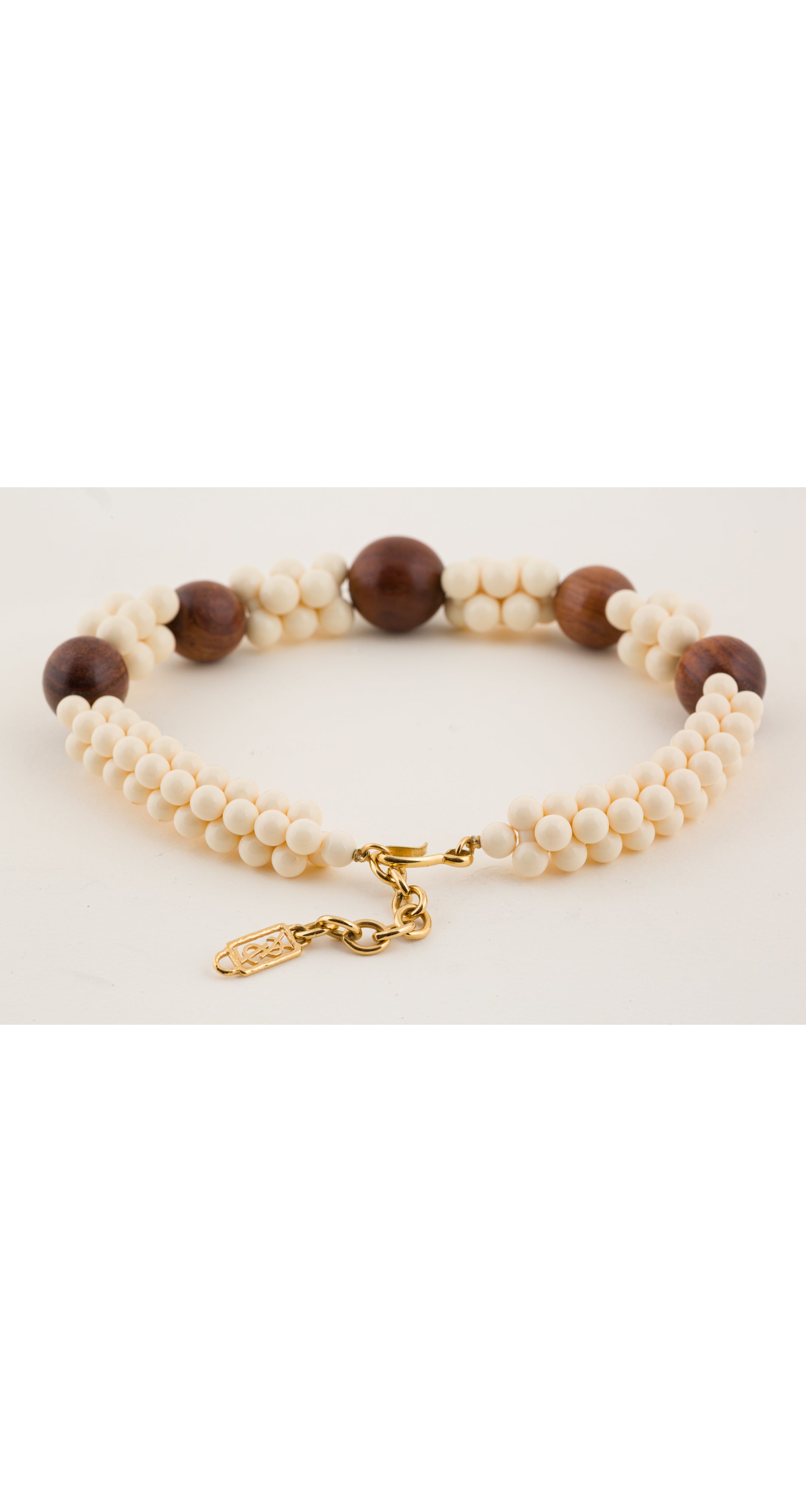 1980s Wood & Cream Resin Beaded Choker Necklace