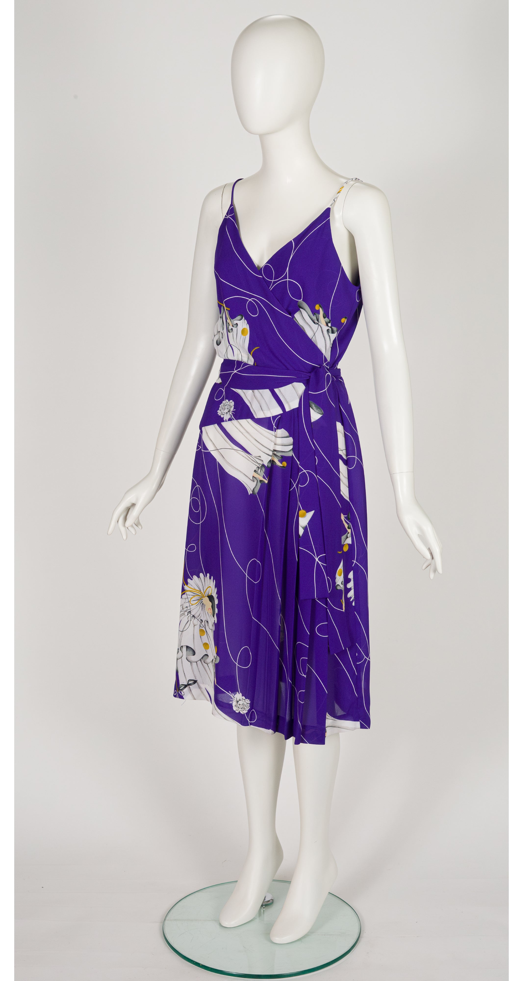 1970s Pierrot Print Purple Pleated Dress