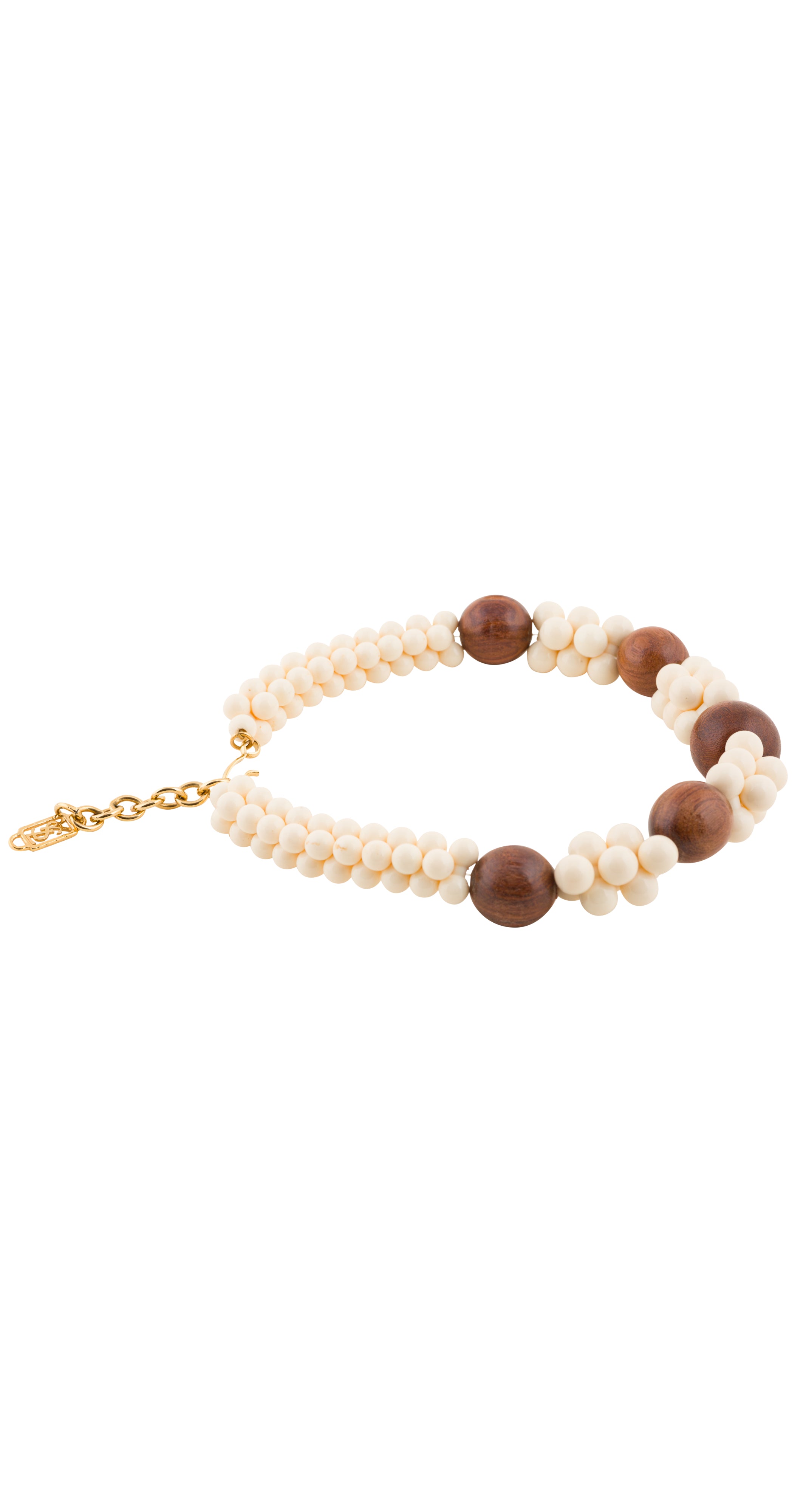 1980s Wood & Cream Resin Beaded Choker Necklace