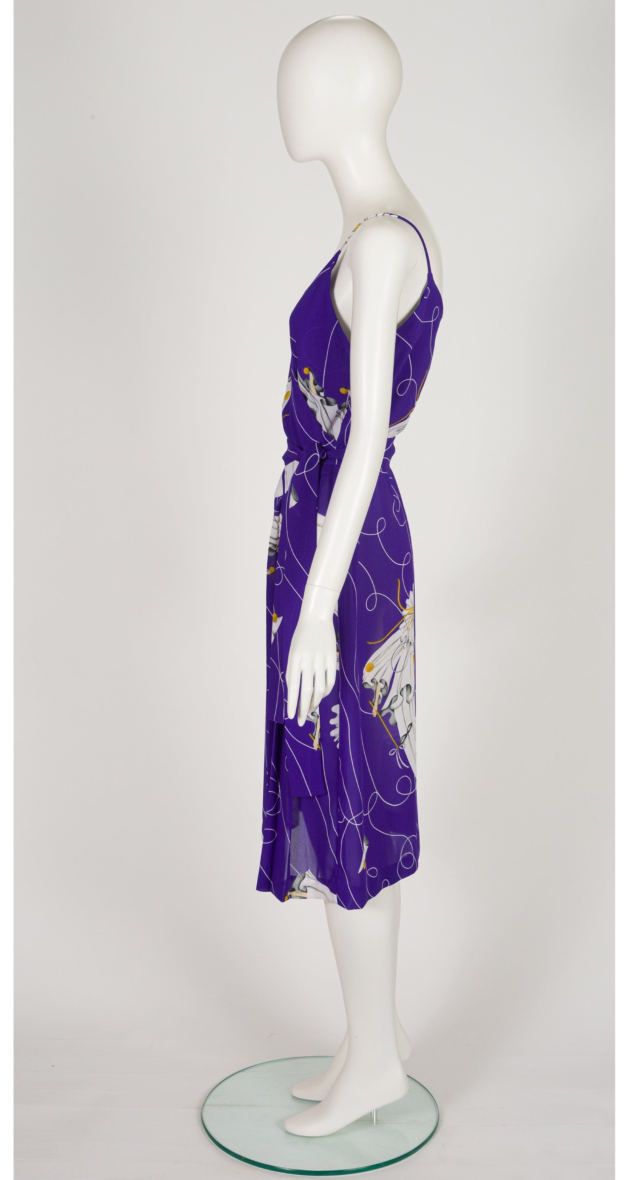 1970s Pierrot Print Purple Pleated Dress