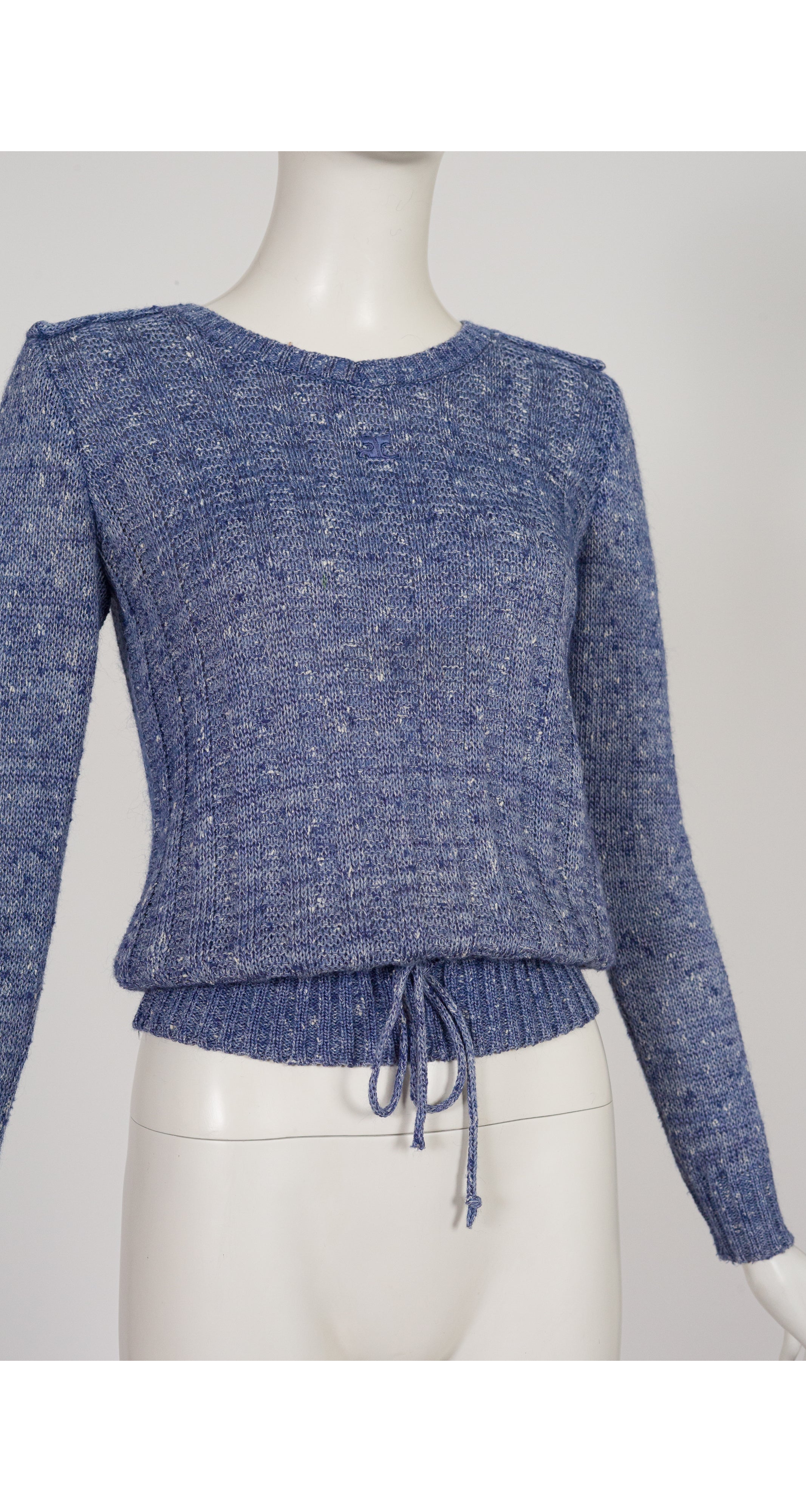 1970s Logo Blue Marled Wool Drawstring Sweater