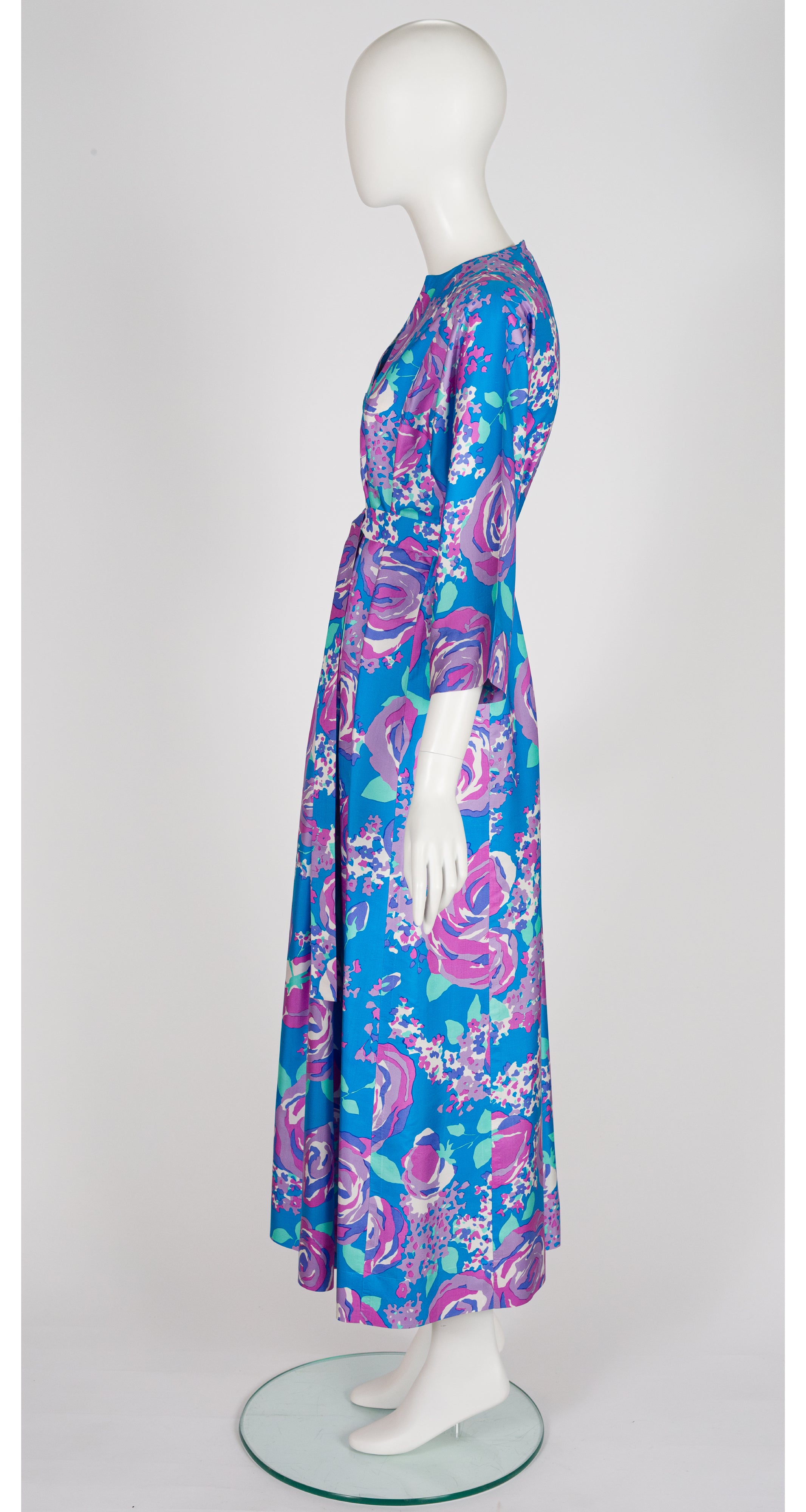 1970s Floral Blue Thai Silk Caftan Maxi Dress