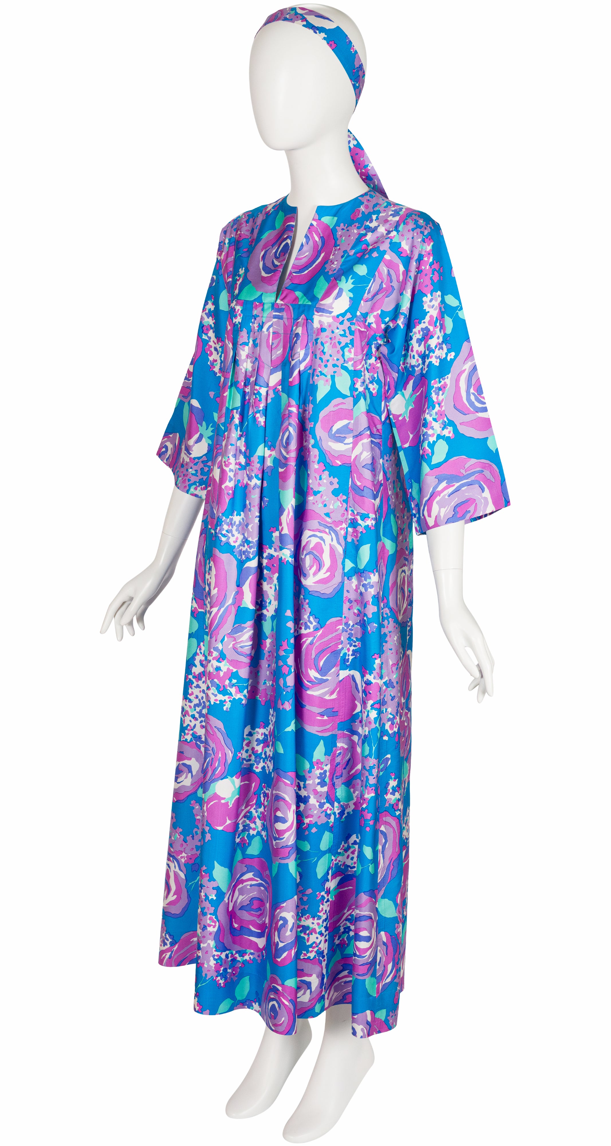 1970s Floral Blue Thai Silk Caftan Maxi Dress