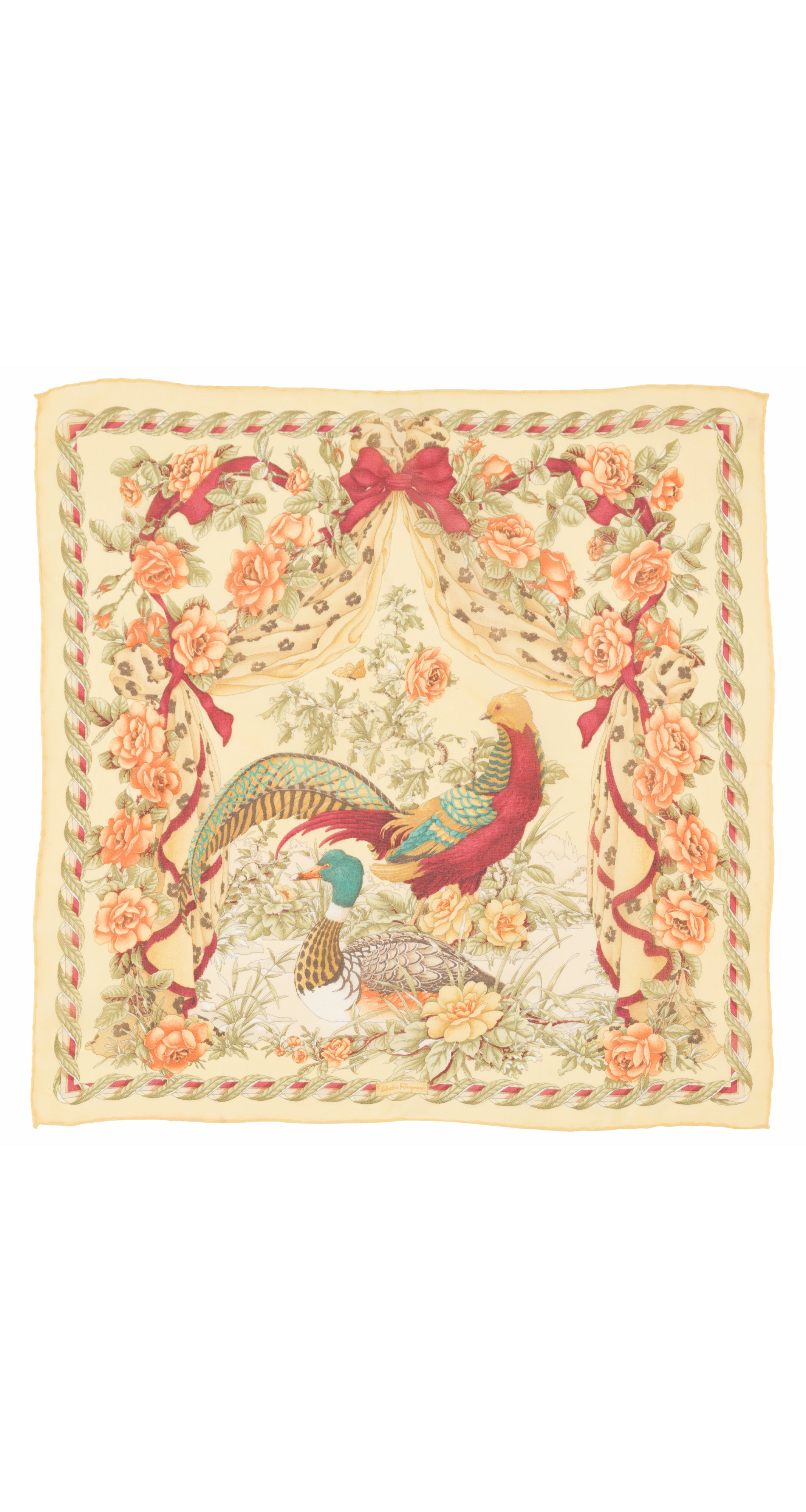 1990s Floral Bird Print Yellow Silk Chiffon Small Scarf