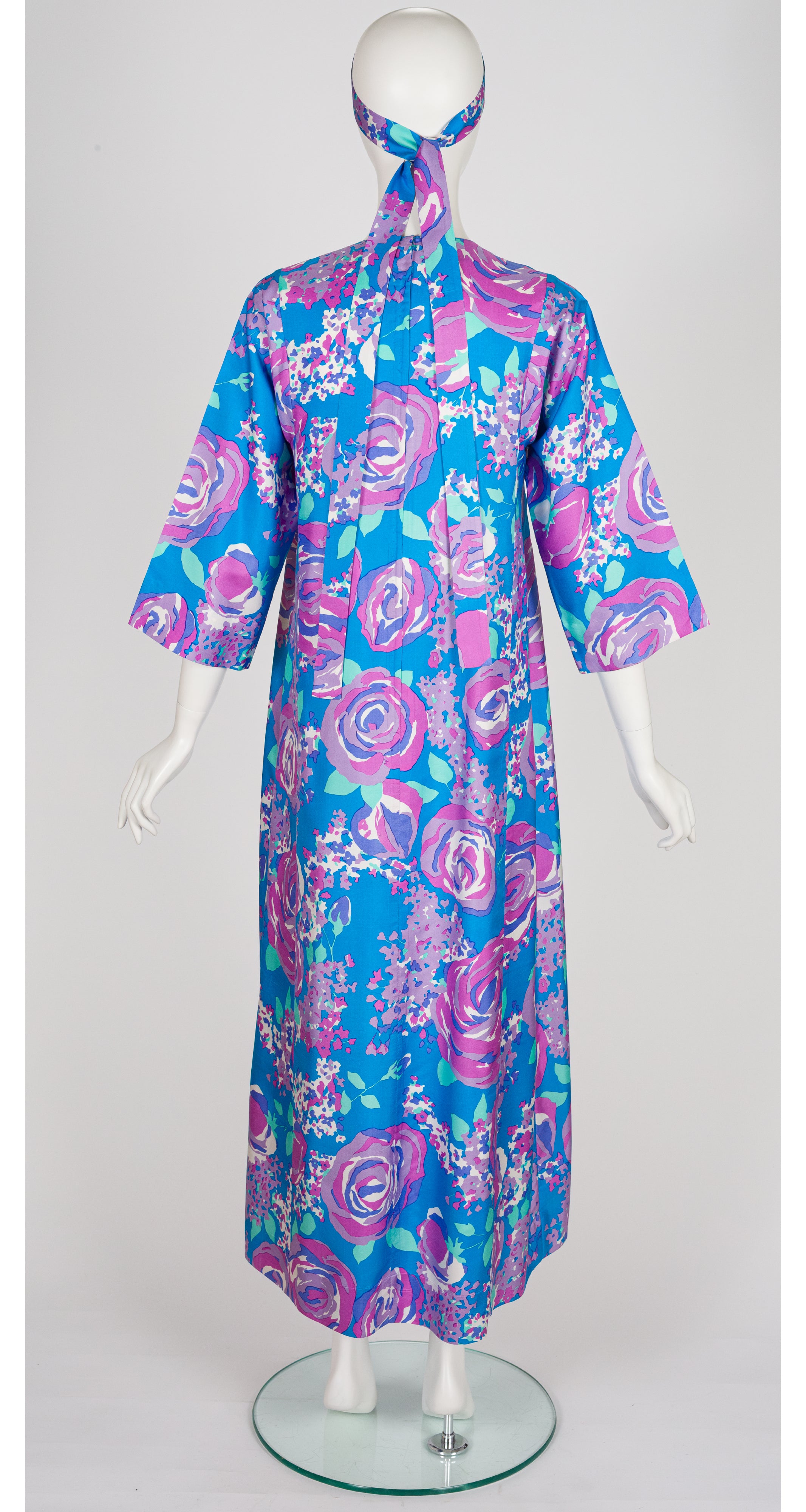 1970s Floral Blue Thai Silk Caftan Maxi Dress