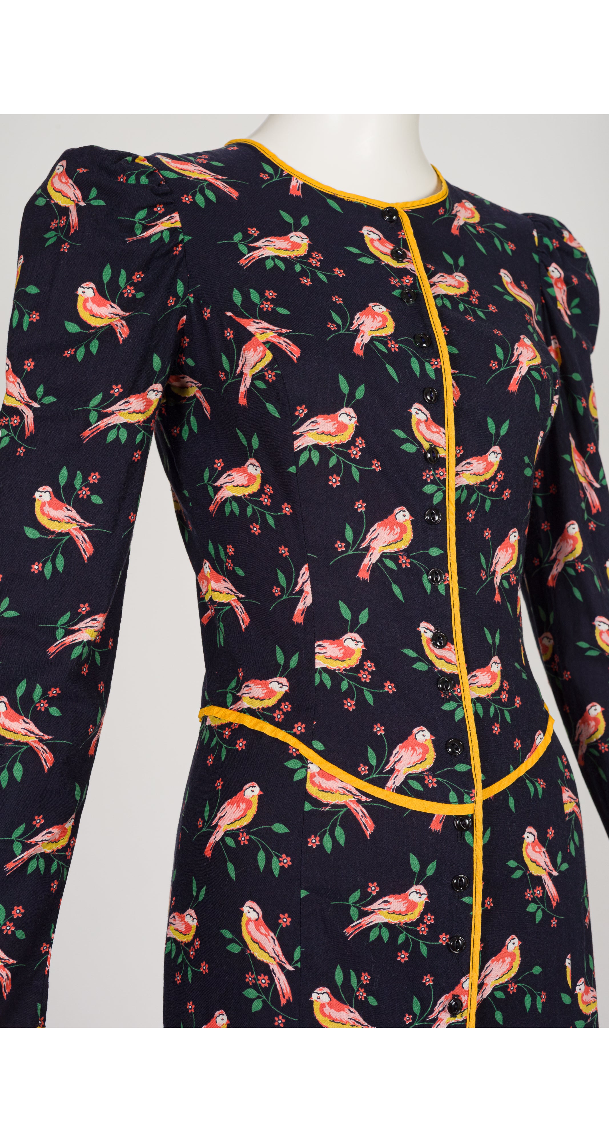 1971 S/S Canary Print Black Cotton Dress