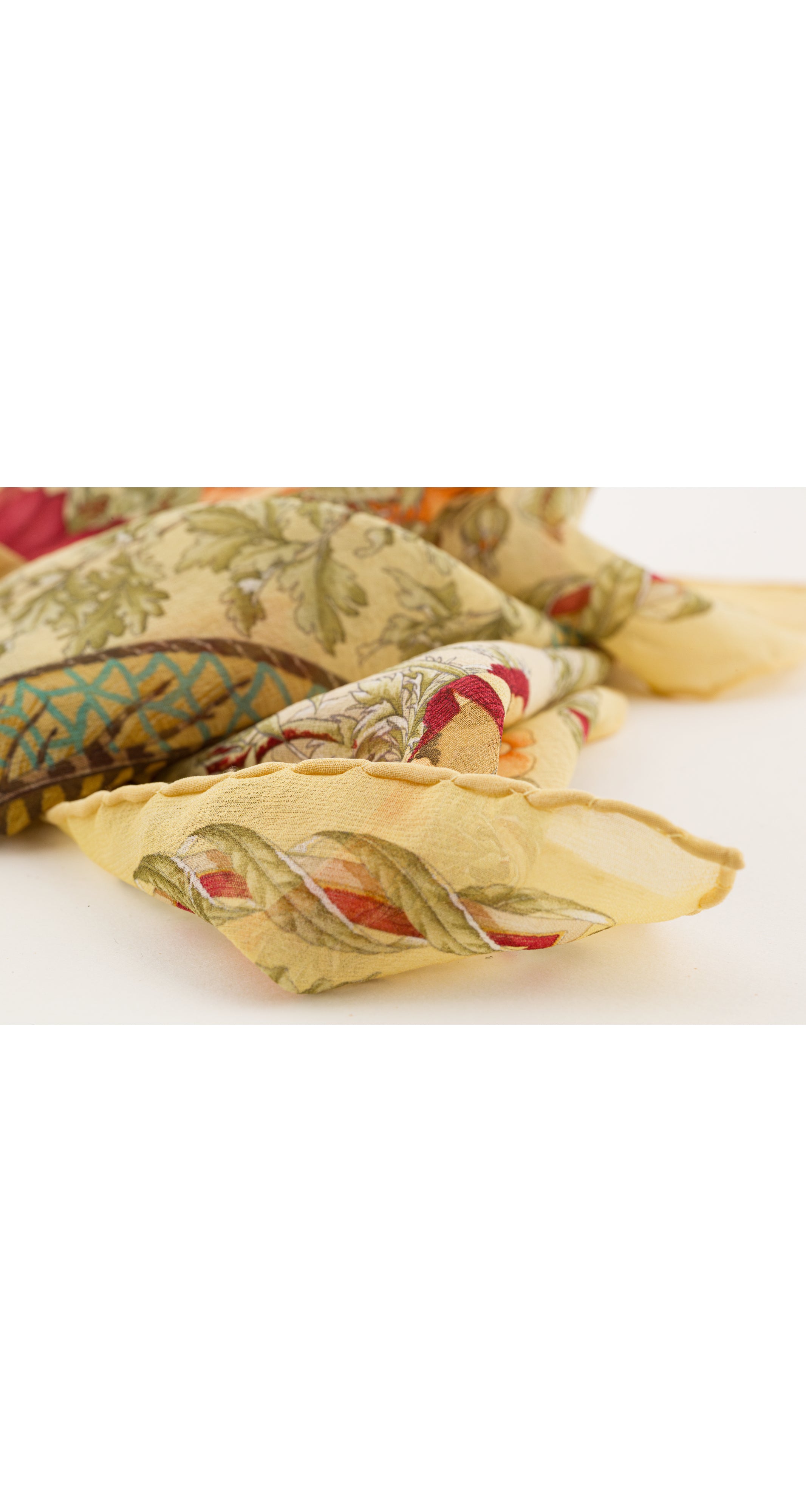 1990s Floral Bird Print Yellow Silk Chiffon Small Scarf
