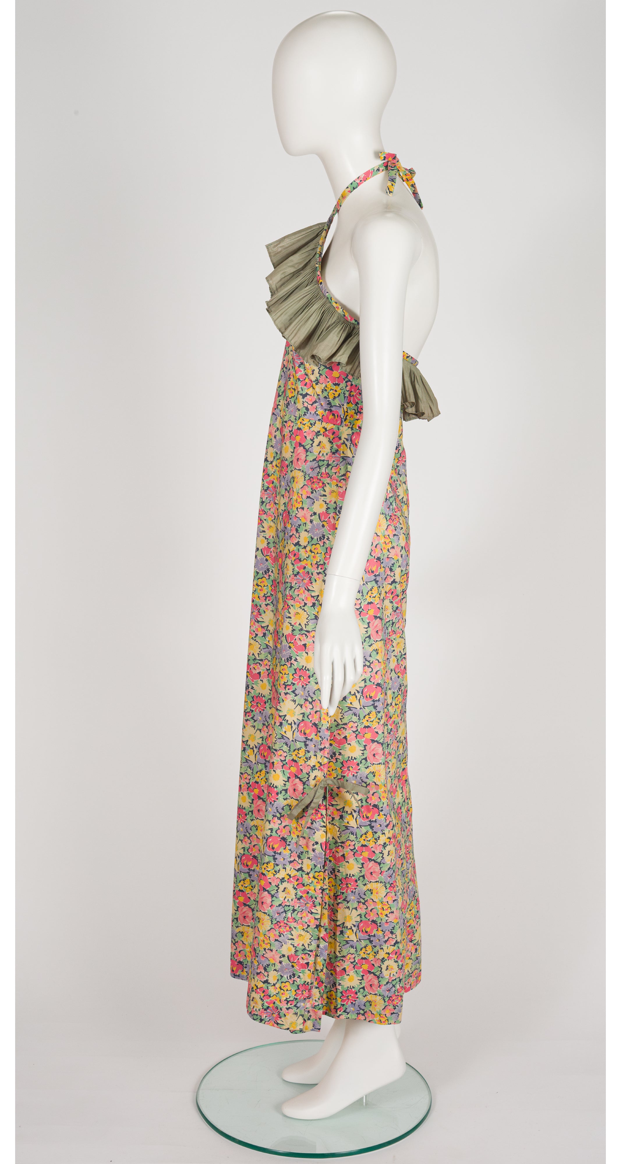 1970s Liberty Floral Cotton Ruffle Halter Maxi Dress