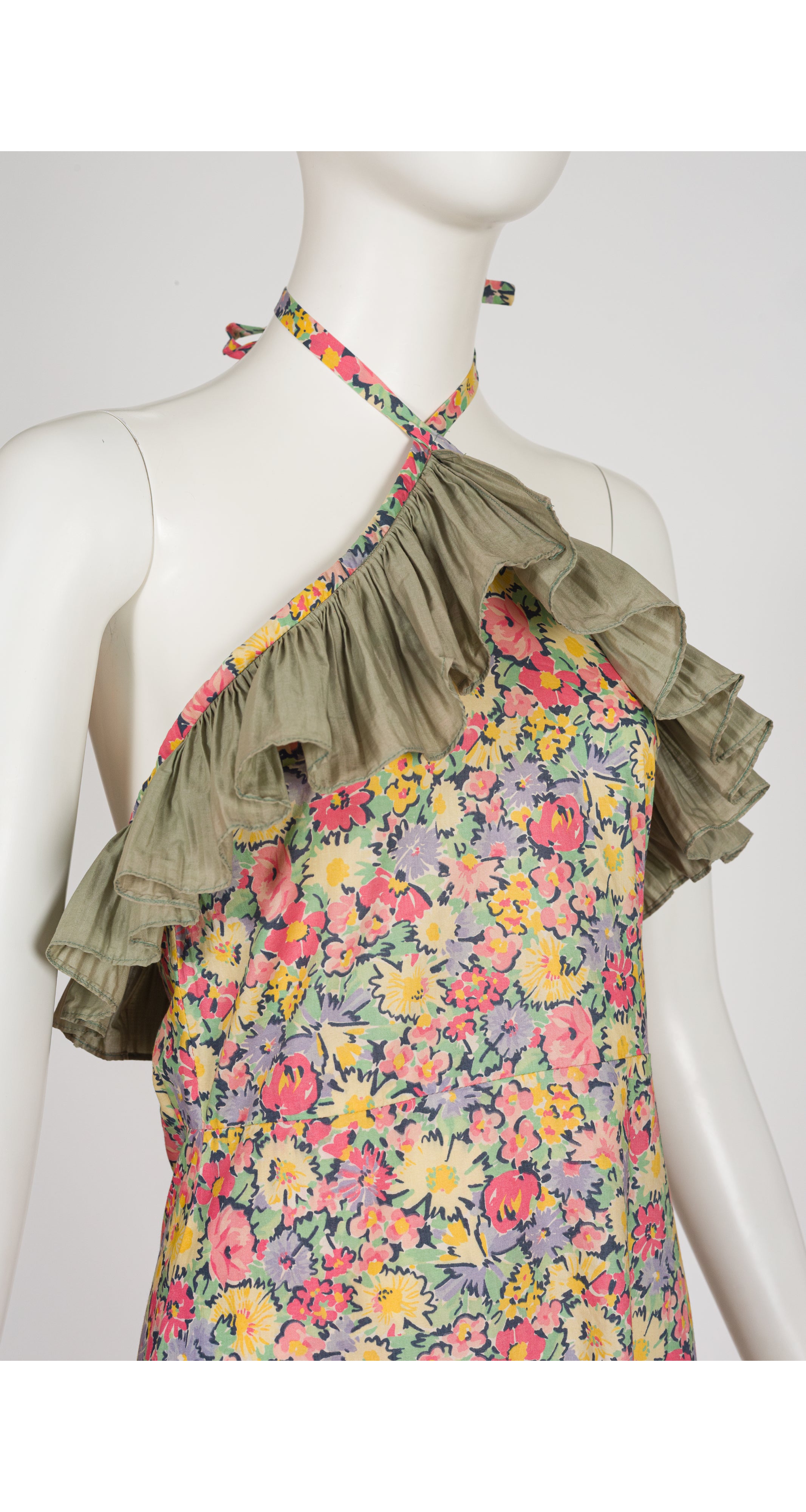 1970s Liberty Floral Cotton Ruffle Halter Maxi Dress