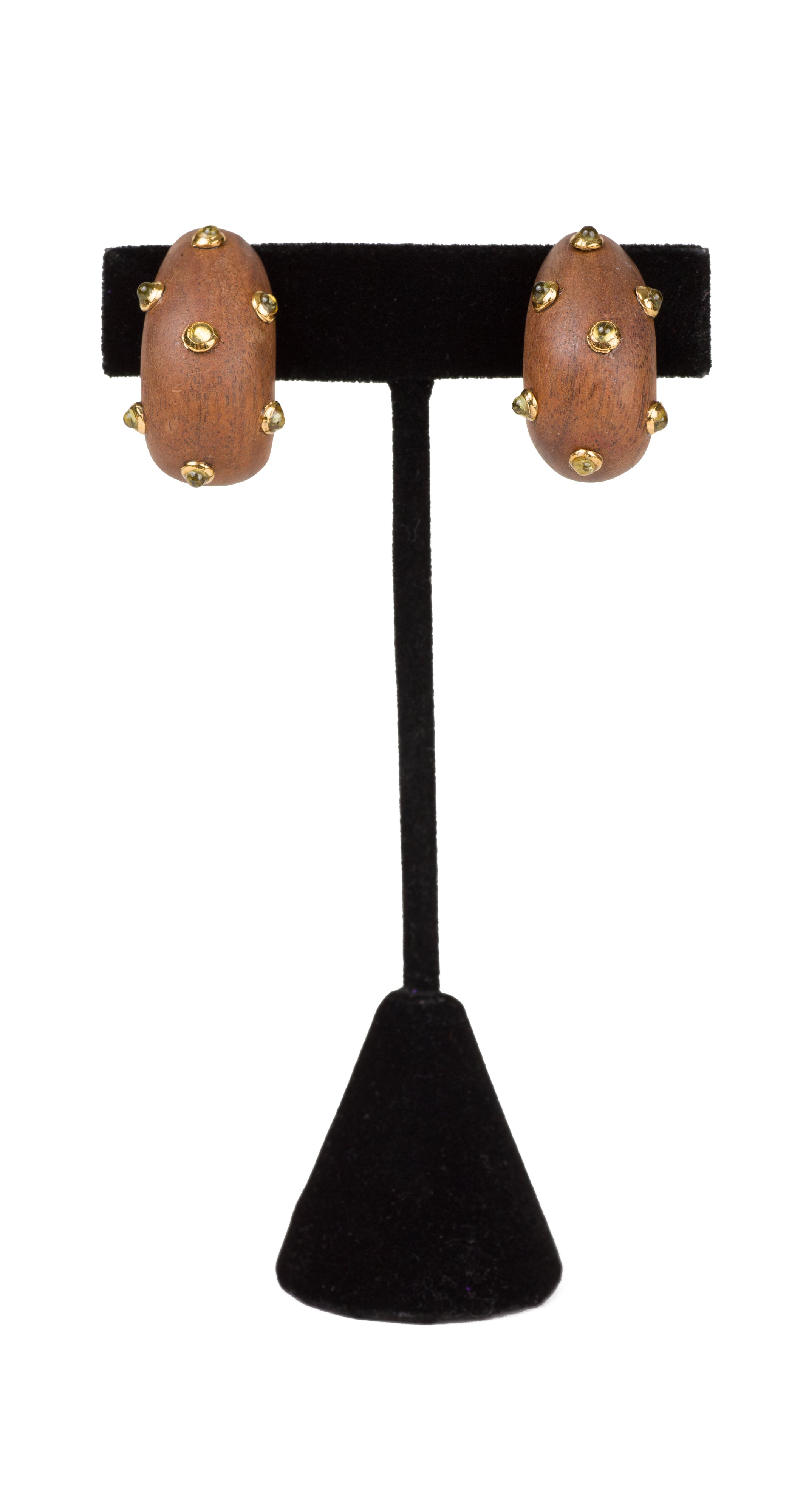 1990s Green Cabochon Gold-Plated Wood Clip-On Earrings