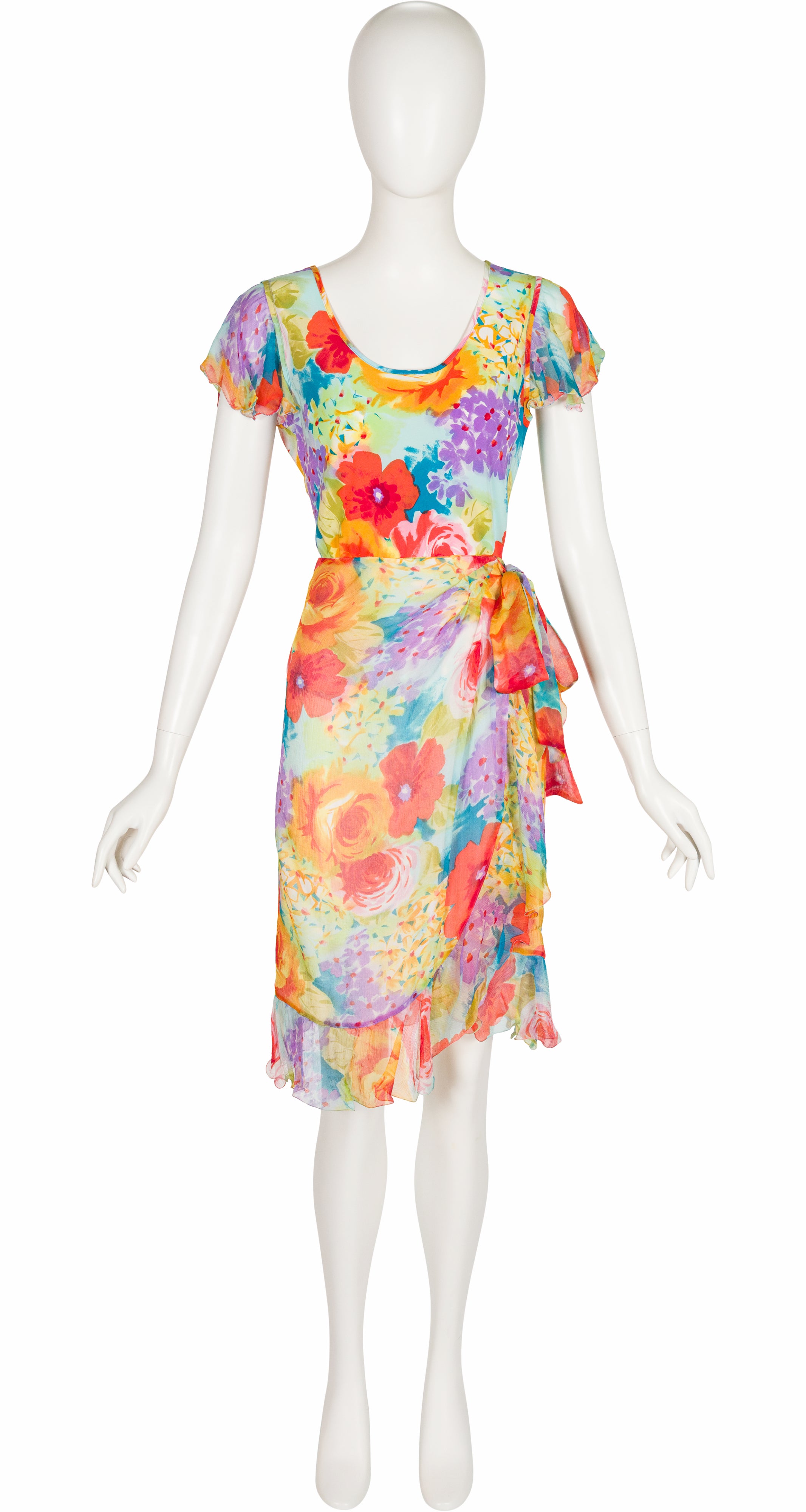 2000s Multicolored Floral Print Silk Top & Wrap Skirt Set