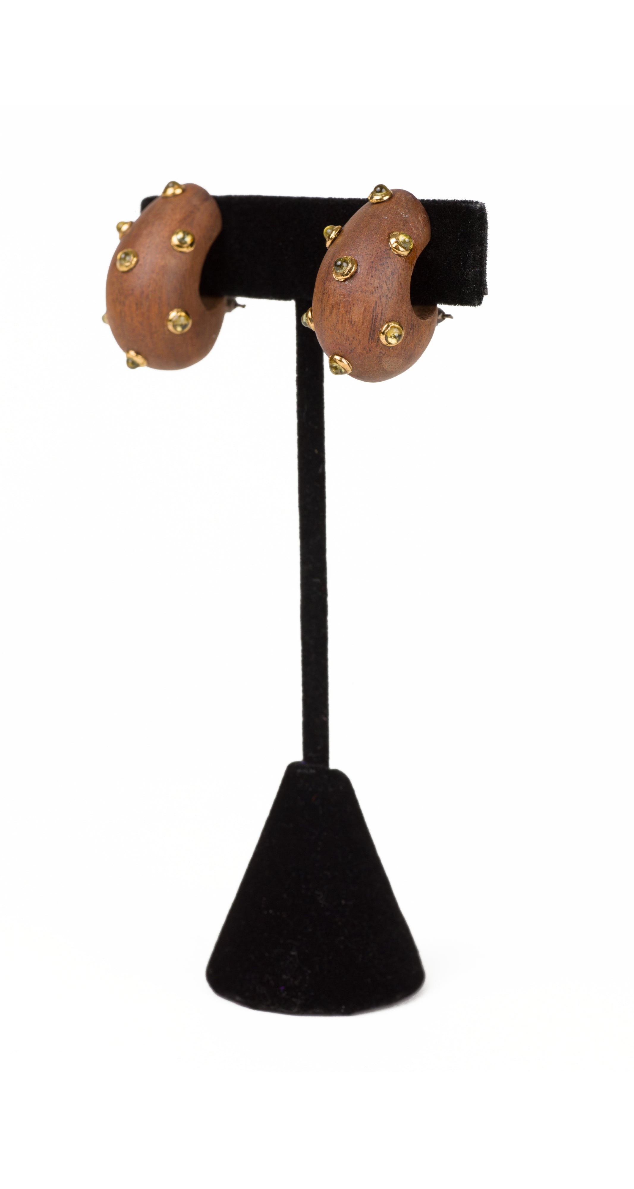 1990s Green Cabochon Gold-Plated Wood Clip-On Earrings