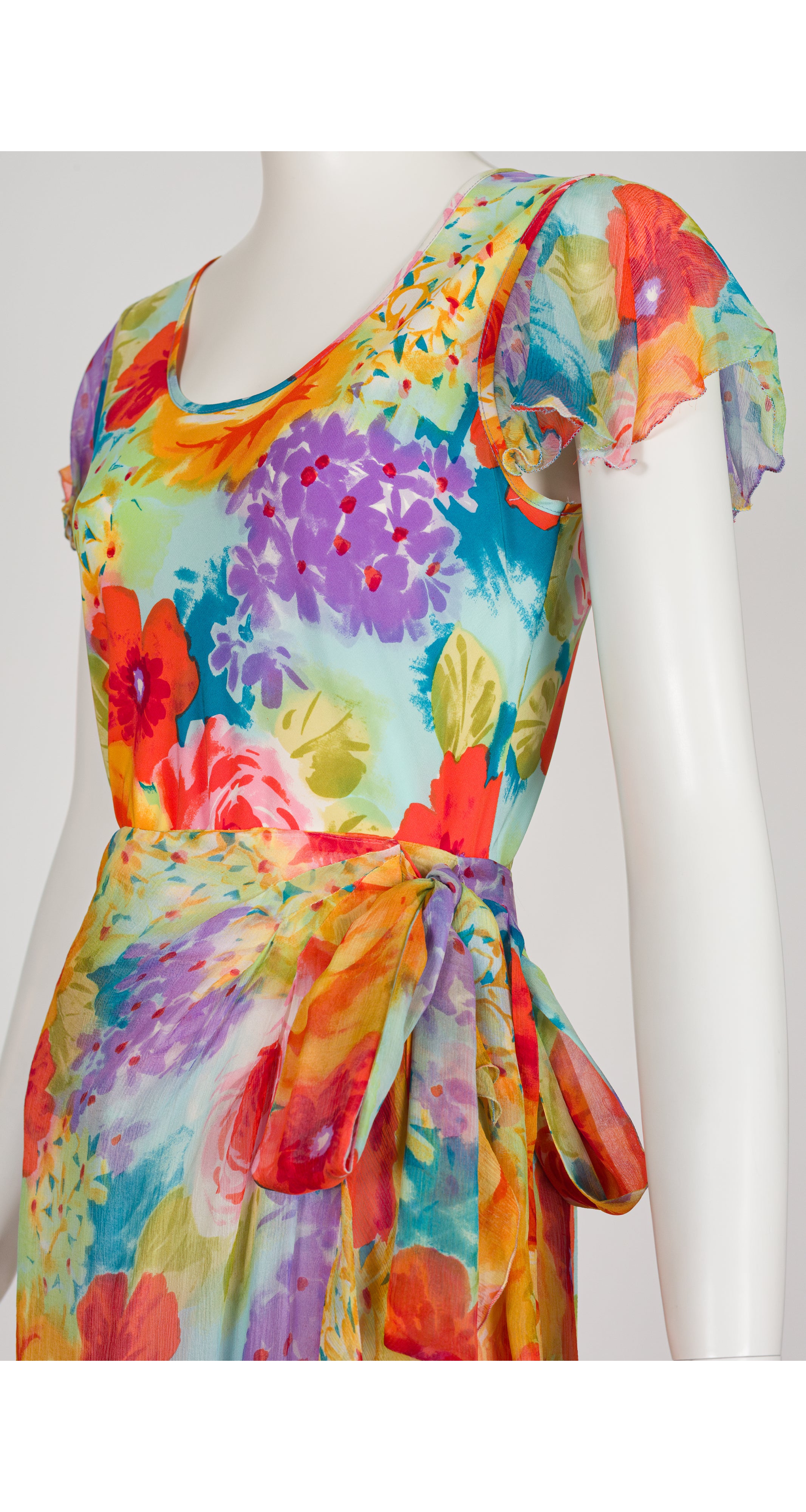 2000s Multicolored Floral Print Silk Top & Wrap Skirt Set