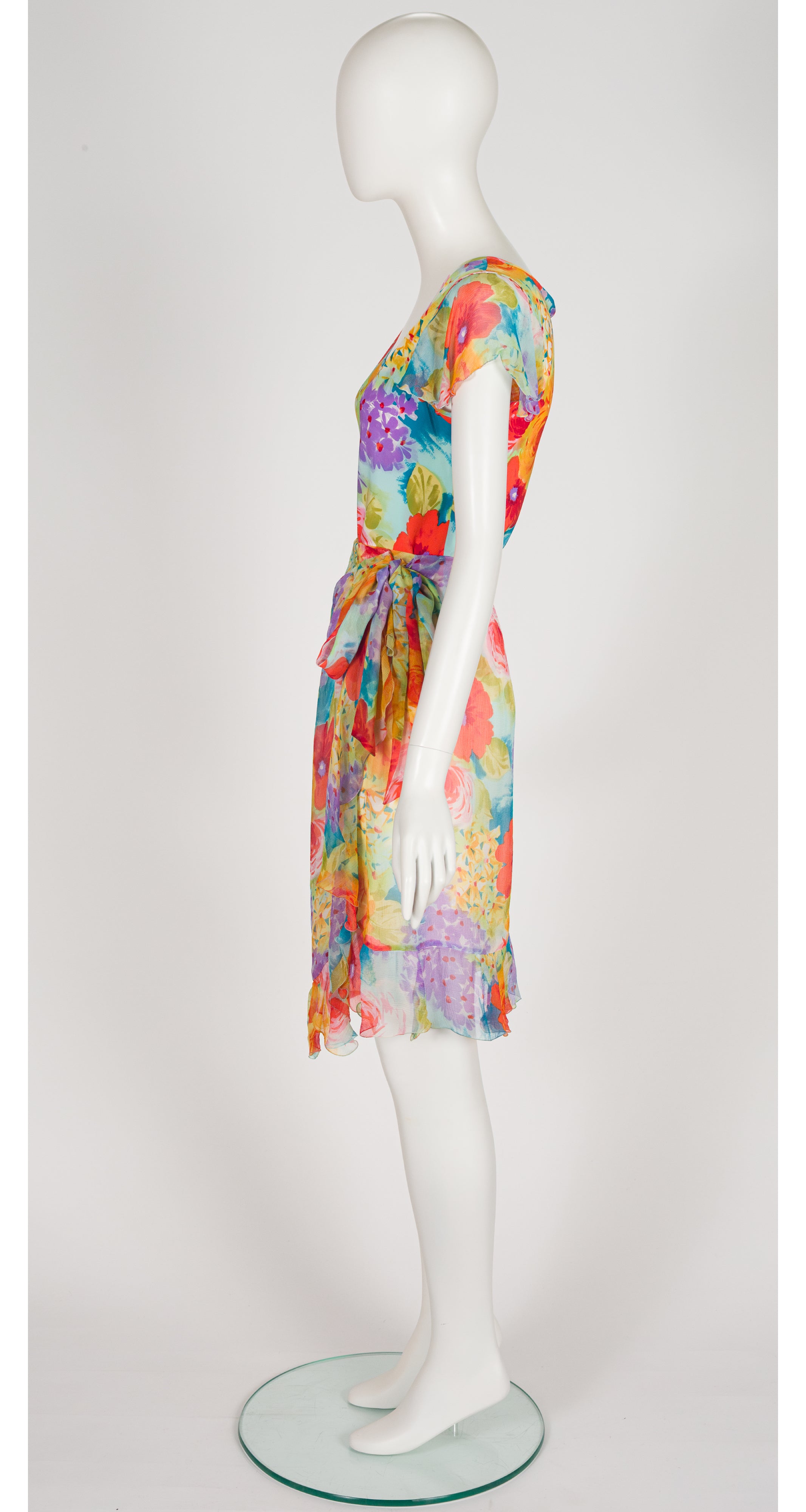 2000s Multicolored Floral Print Silk Top & Wrap Skirt Set