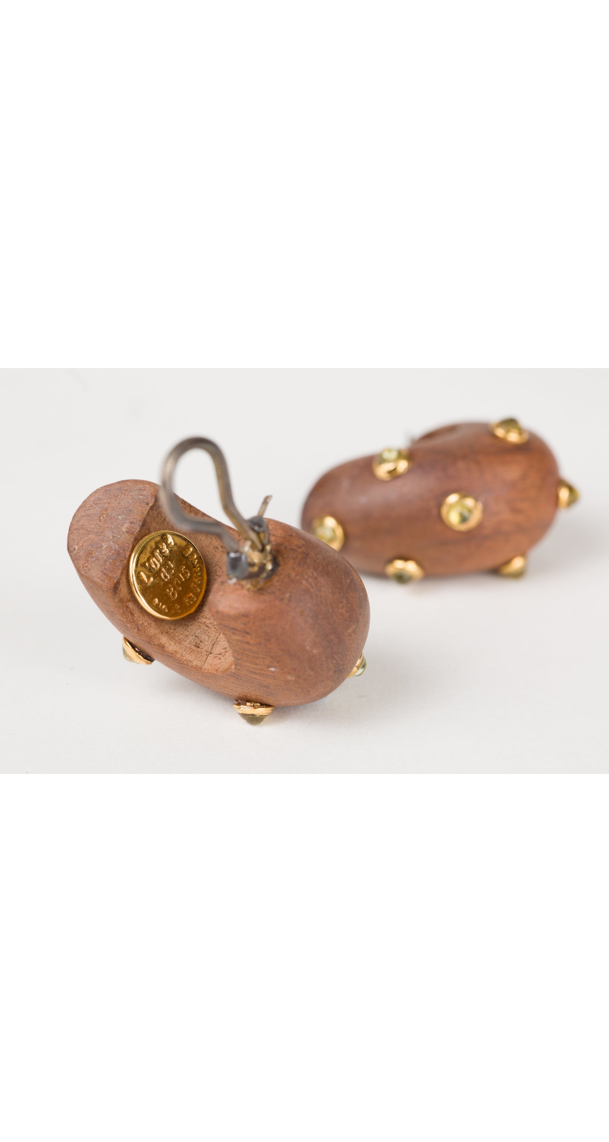 1990s Green Cabochon Gold-Plated Wood Clip-On Earrings