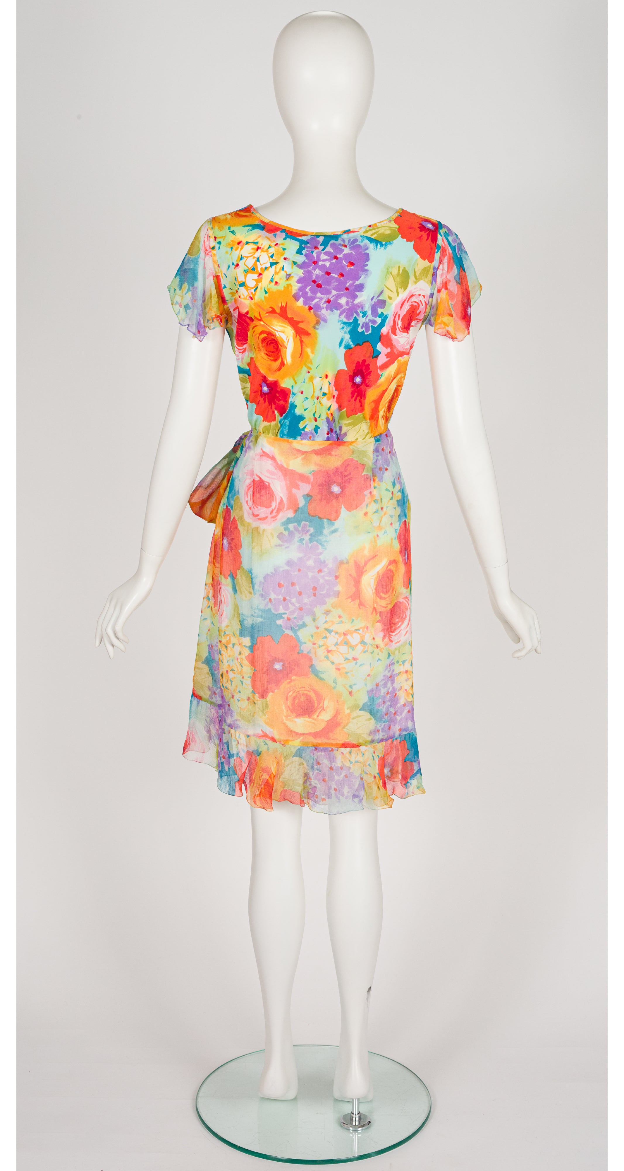 2000s Multicolored Floral Print Silk Top & Wrap Skirt Set